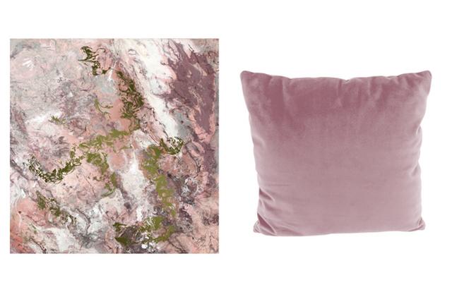 Pink abstract canvas and scatter cushion.