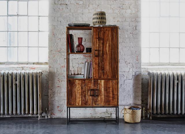 Industrial style wood and metal display cabinet