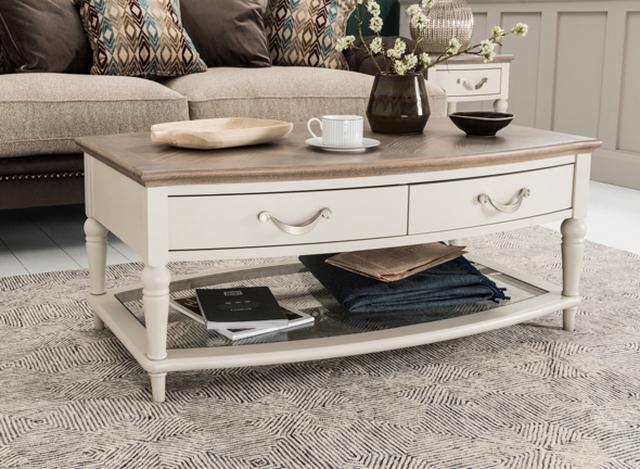 Elegant painted and wood coffee table with drawers