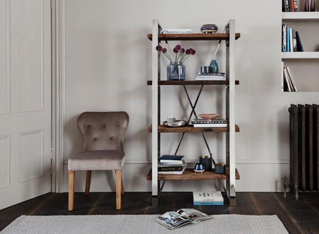 Open metal and wood industrial shelving unit