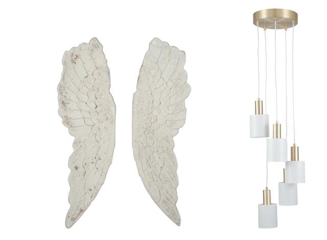 Angel wings wall art and white and pendant light