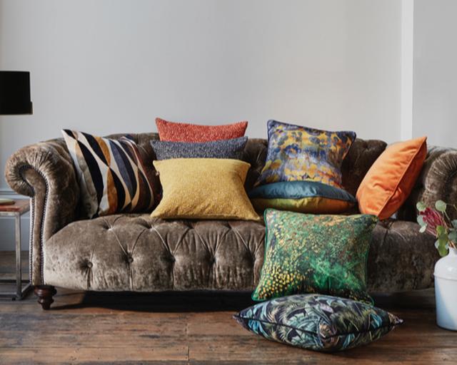 Array of coloured and textured cushions