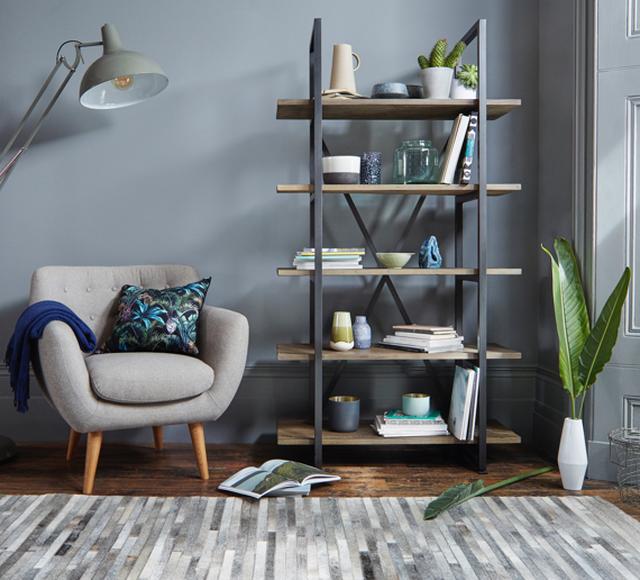 Industrial style wood and metal open shelf unit