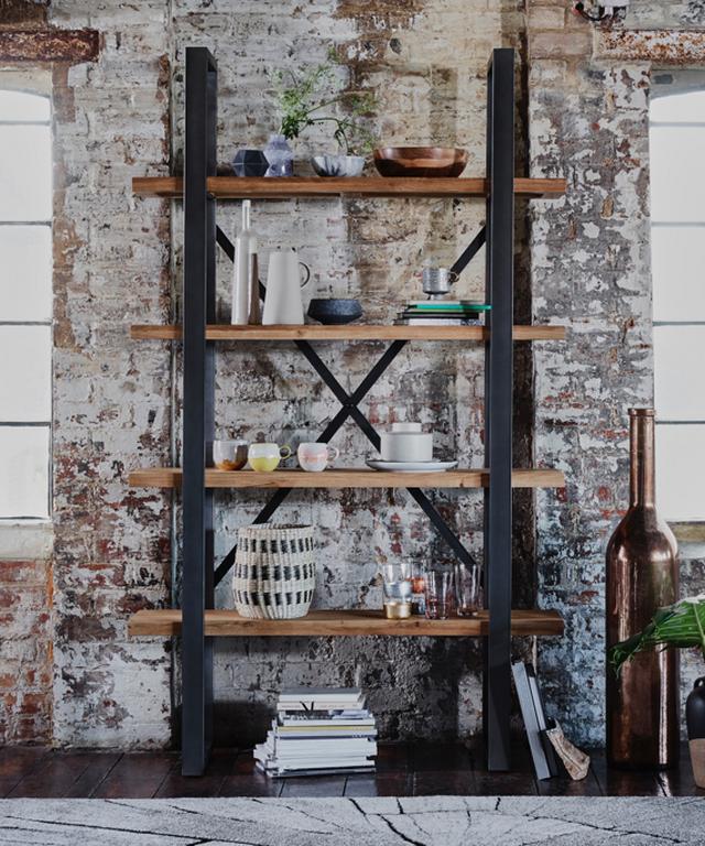 Industrial style wood and metal shelf unit