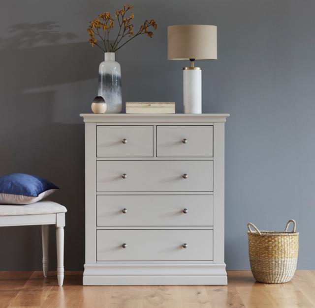 White chest of drawers in grey bedroom