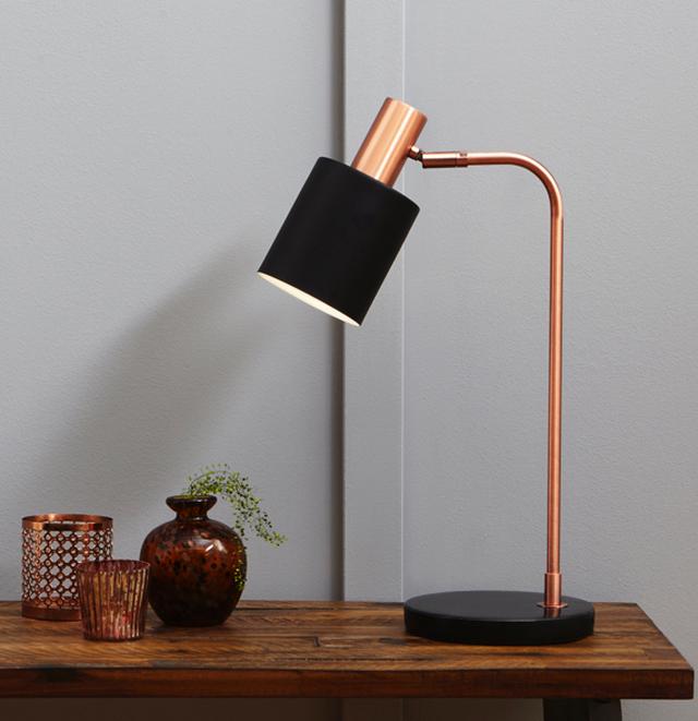 Bedroom colour ideas – black and copper table lamp