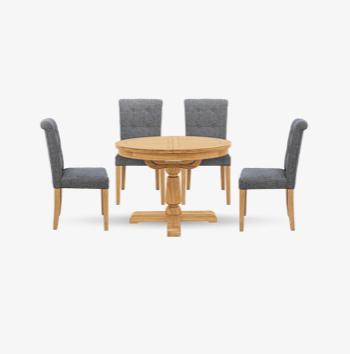 Augusta Round Extending Dining Table and 4 Roll Back Upholstered Dining Chairs