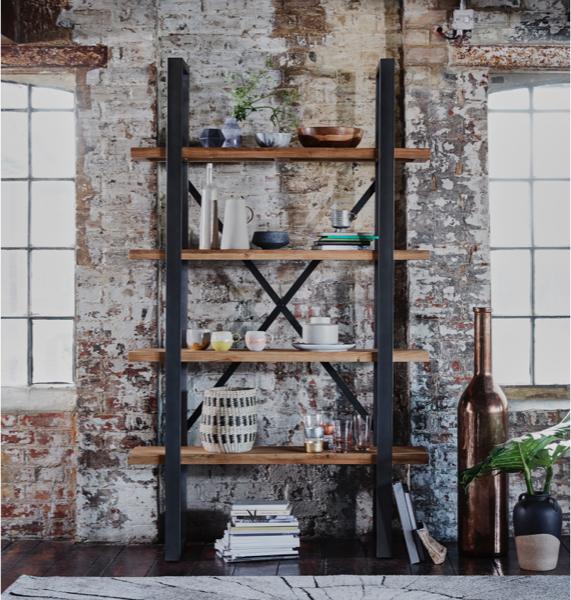 Attic bedroom ideas – wood and metal open shelving