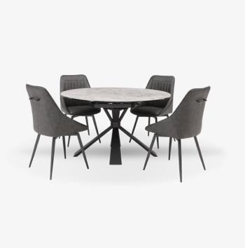 Crete Round Swivel Extending Dining Table and 4 Faux Leather Swivel Dining Chairs