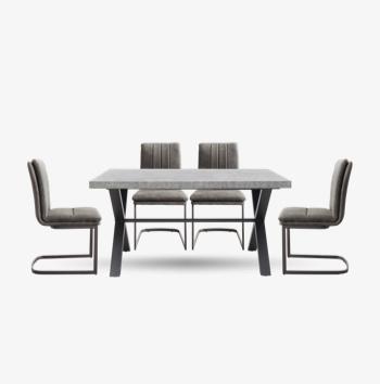 Moon Dining Table with X Shaped Legs and 4 Fabric Cantilever Dining Chairs