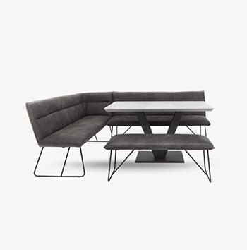 Ruben Dining Table with a Faux Suede Left Hand Facing Corner Dining Bench and a Standard Dining Bench