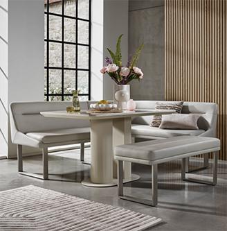 Avorio Fixed Dining Table, Low Dining Bench and Left Hand Facing Corner Dining Bench Set