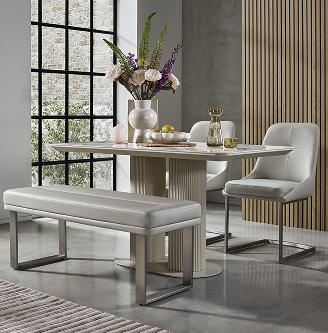Avorio Fixed Dining Table, Low Dining Bench and 2 Cantilever Dining Chairs Set