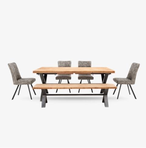 Earth Large Straight Edge Dining Table with a Large Dining Bench and 4 Dining Chairs