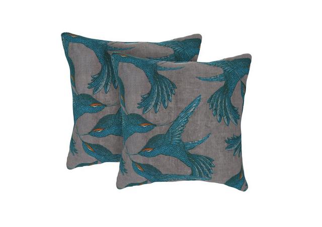 Grey cushions with blue botanical pattern