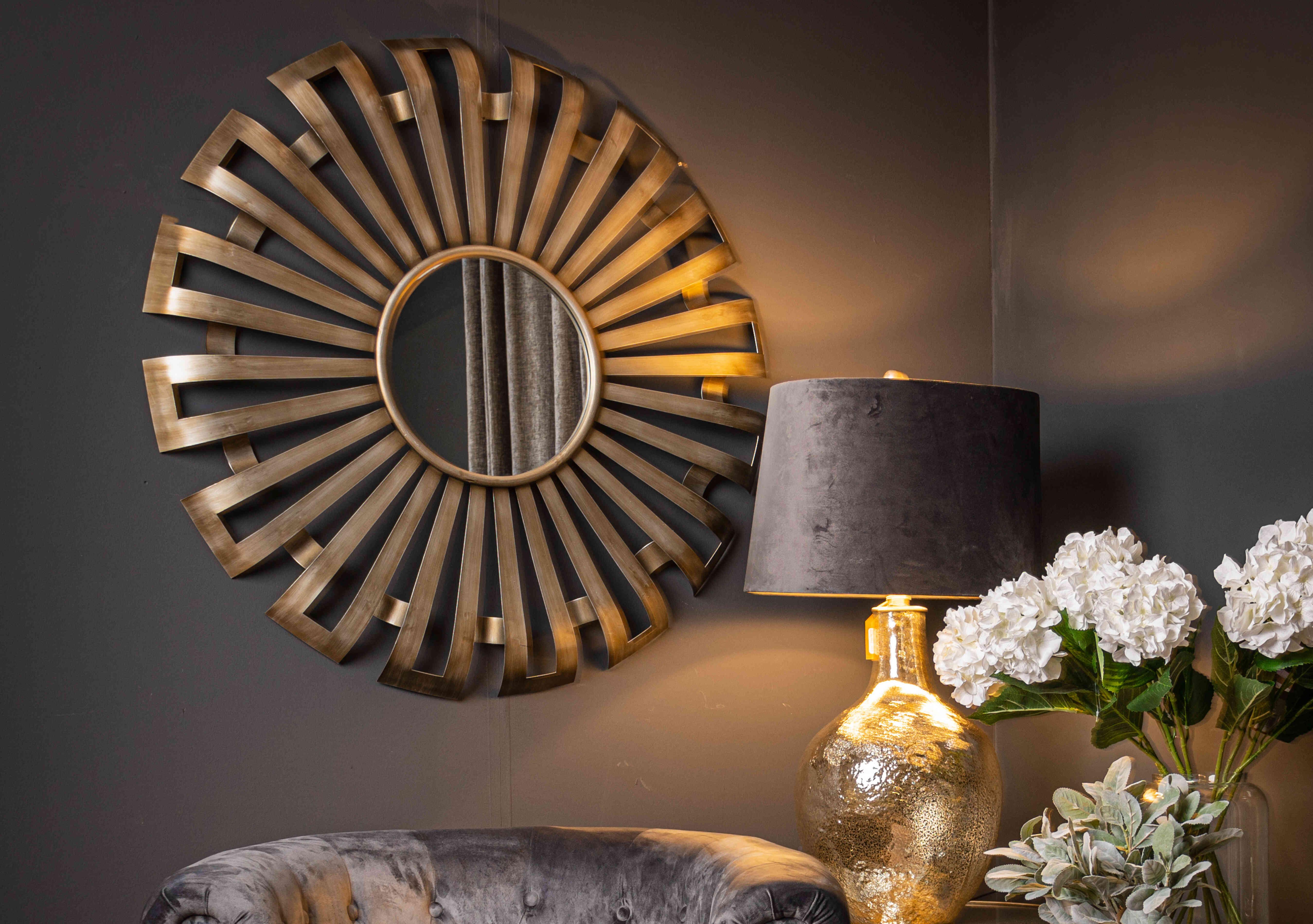 Akino Antiqued Silver Sunburst Mirror in  on Furniture Village