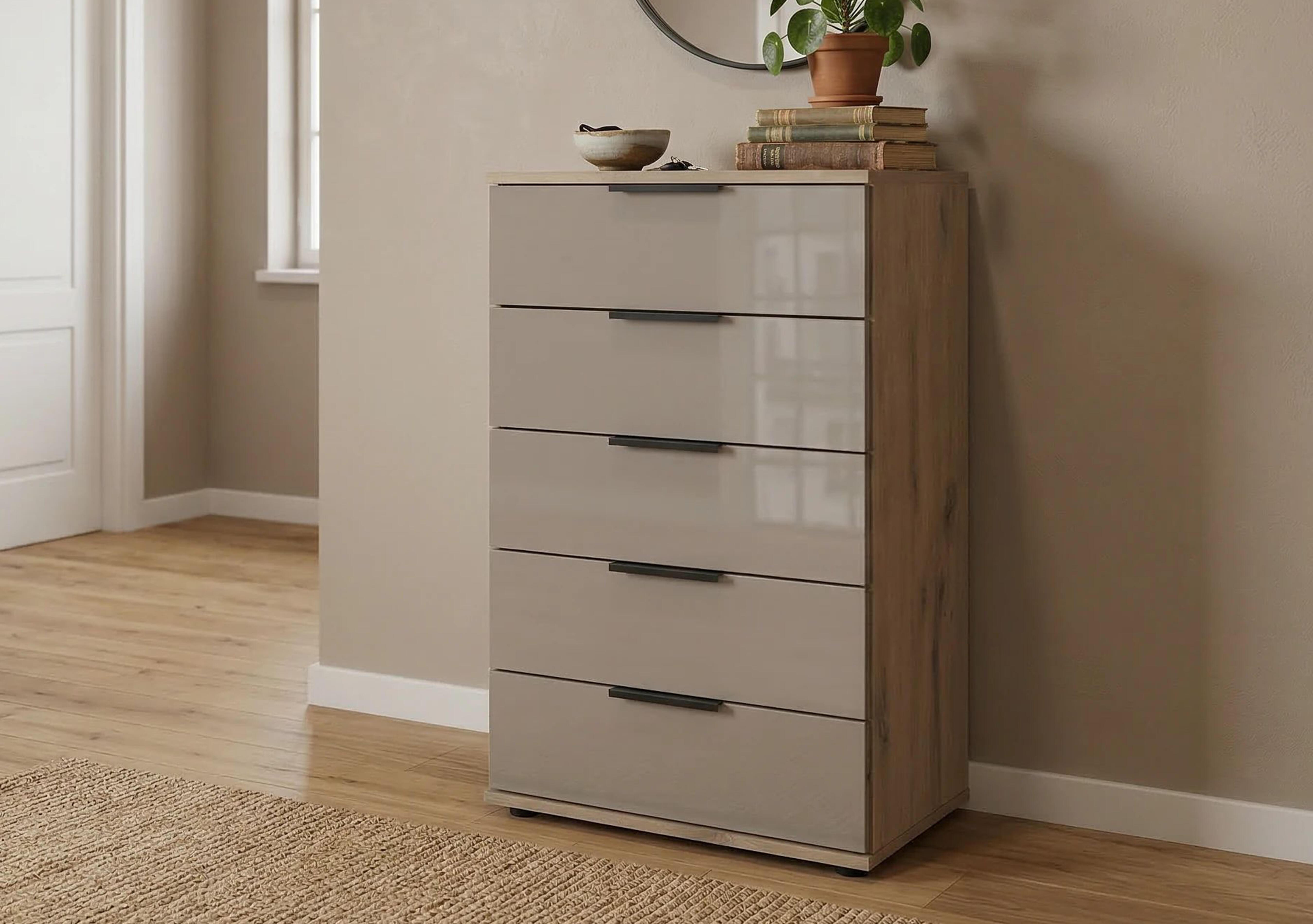 Antoni 5 Drawer Nordic Oak Chest with Glass Drawers in  on Furniture Village