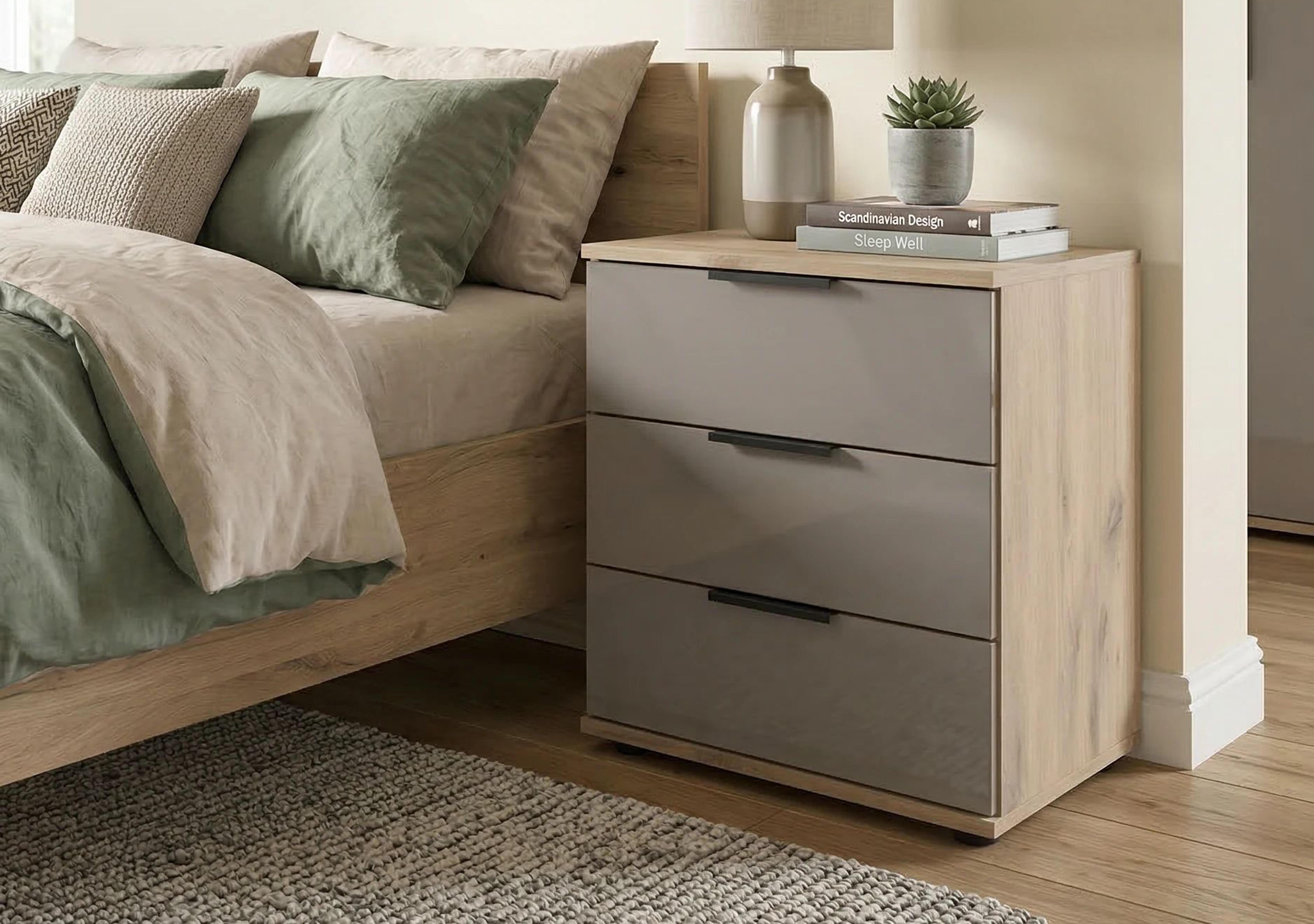 Antoni 3 Drawer Nordic Oak Bedside Cabinet with Glass Drawers in  on Furniture Village