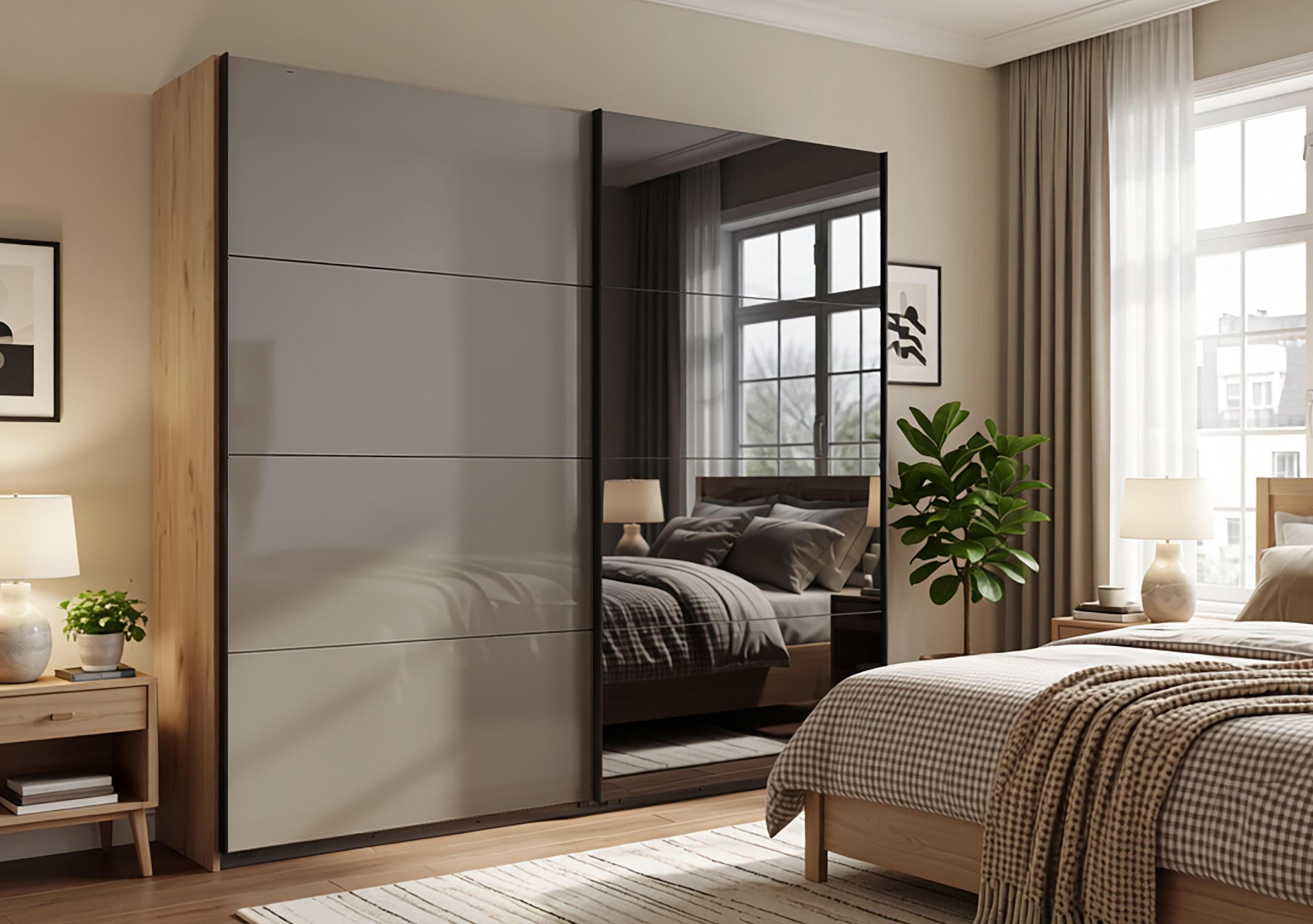 Antoni 180cm 2 Door Nordic Oak Sliding Wardrobe with 1 Glass Door and 1 Mirror Door in  on Furniture Village