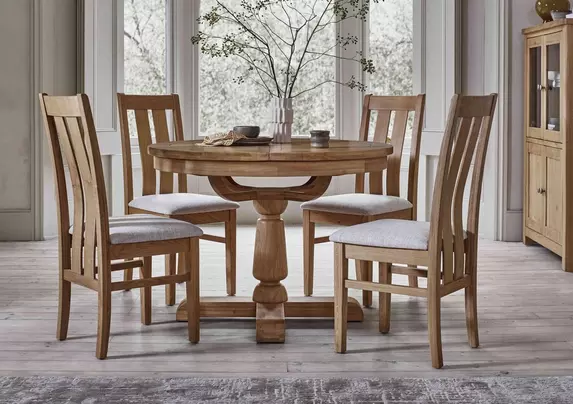 Augusta Round Extending Dining Table and 4 Wooden Slatted Back Dining Chairs Furniture Village