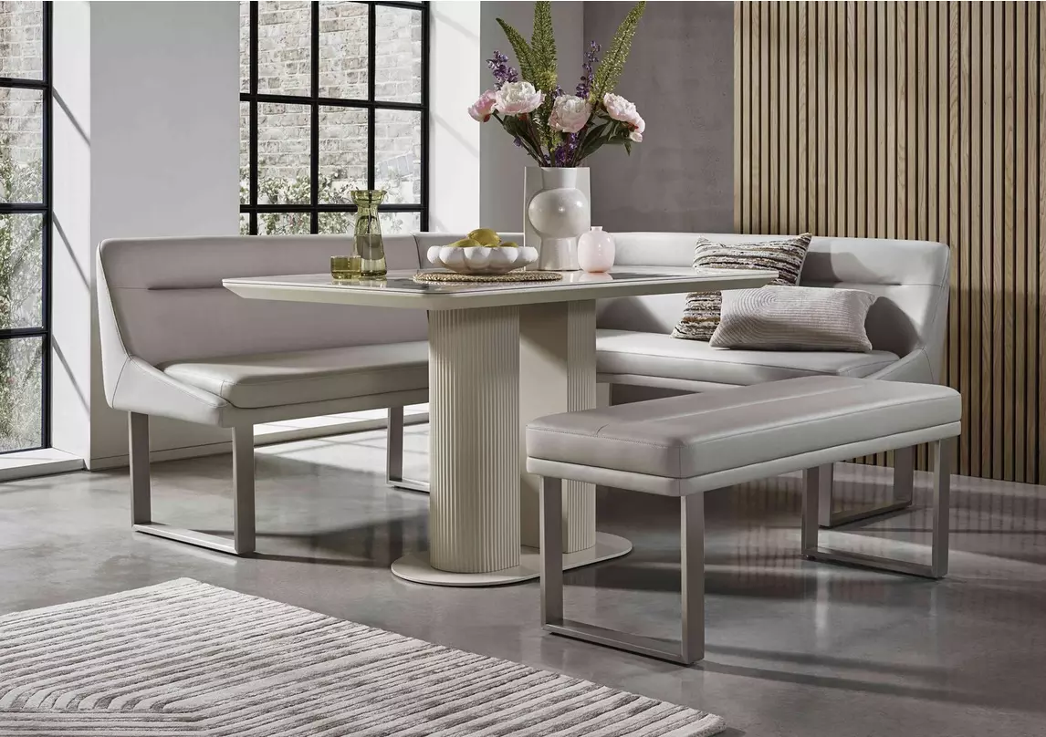 Avorio Fixed Dining Table Low Dining Bench and Right Hand Facing Corner Dining Bench Set Furniture Village