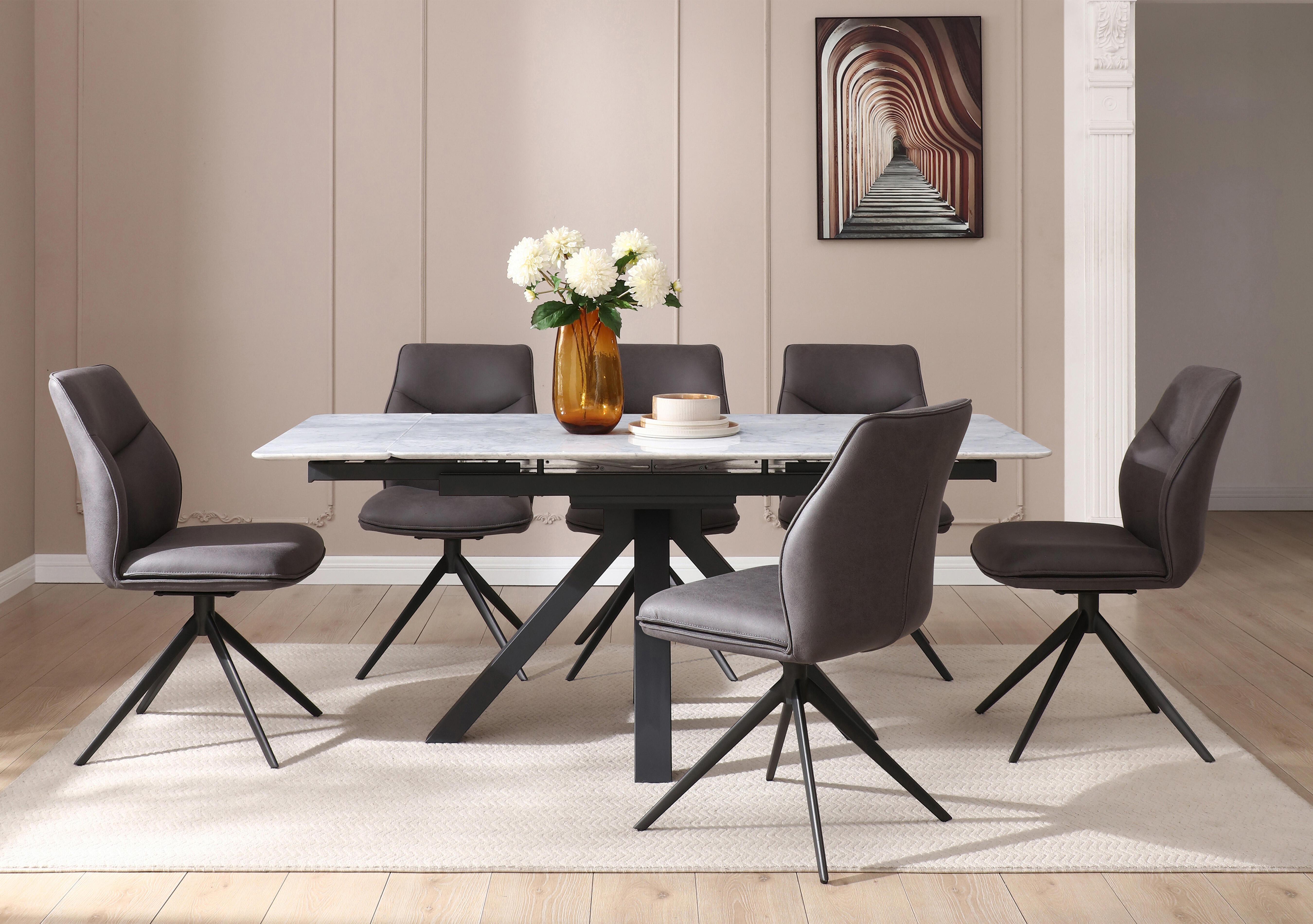Bastille Draw Leaf Extending Dining Table and 6 Faux Leather Swivel Dining Chairs in  on Furniture Village