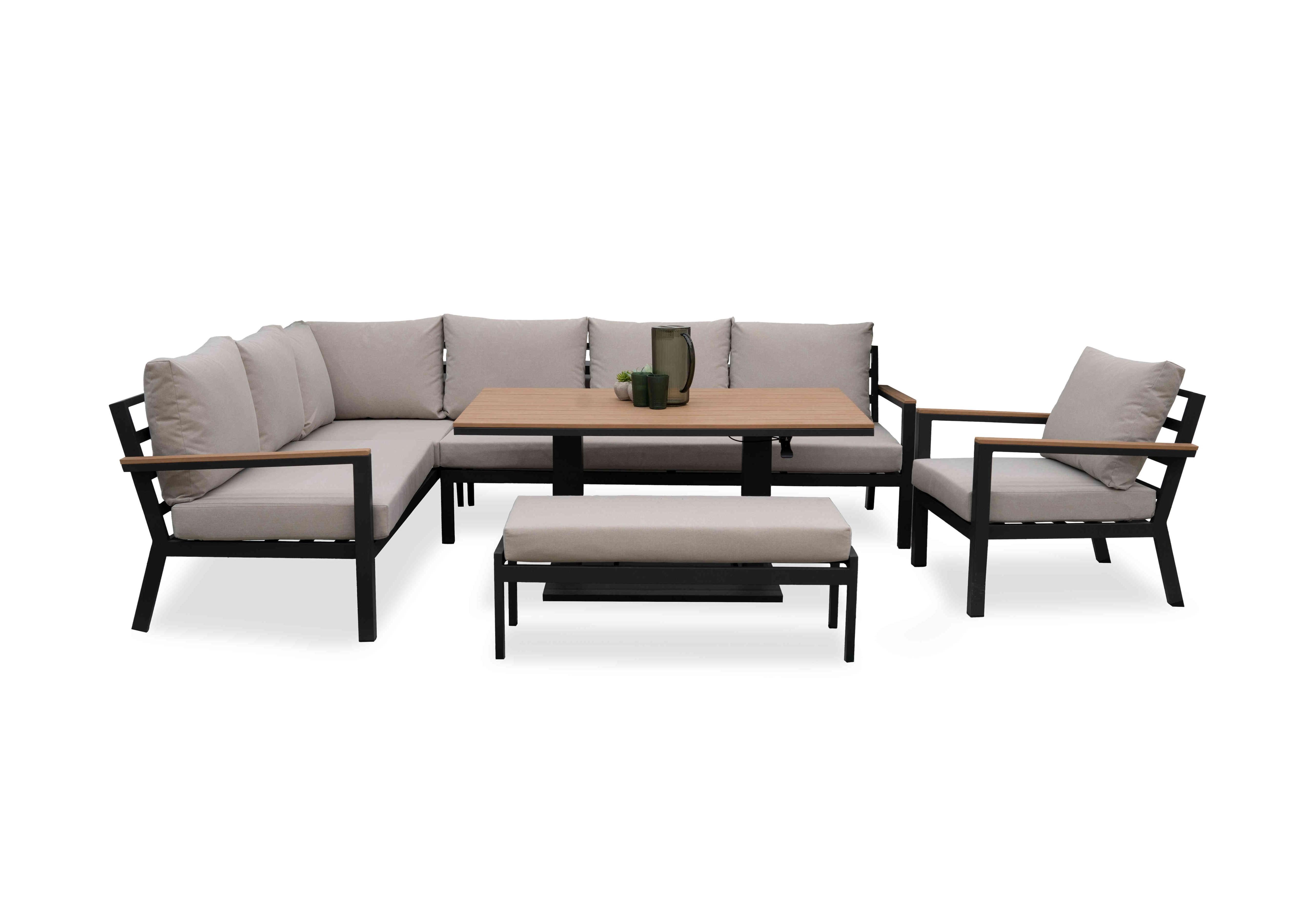 Bloom Left Hand Facing Corner Garden Sofa Dining Set with Rectangular Rising Dining Table, Armchair and Stool in  on Furniture Village