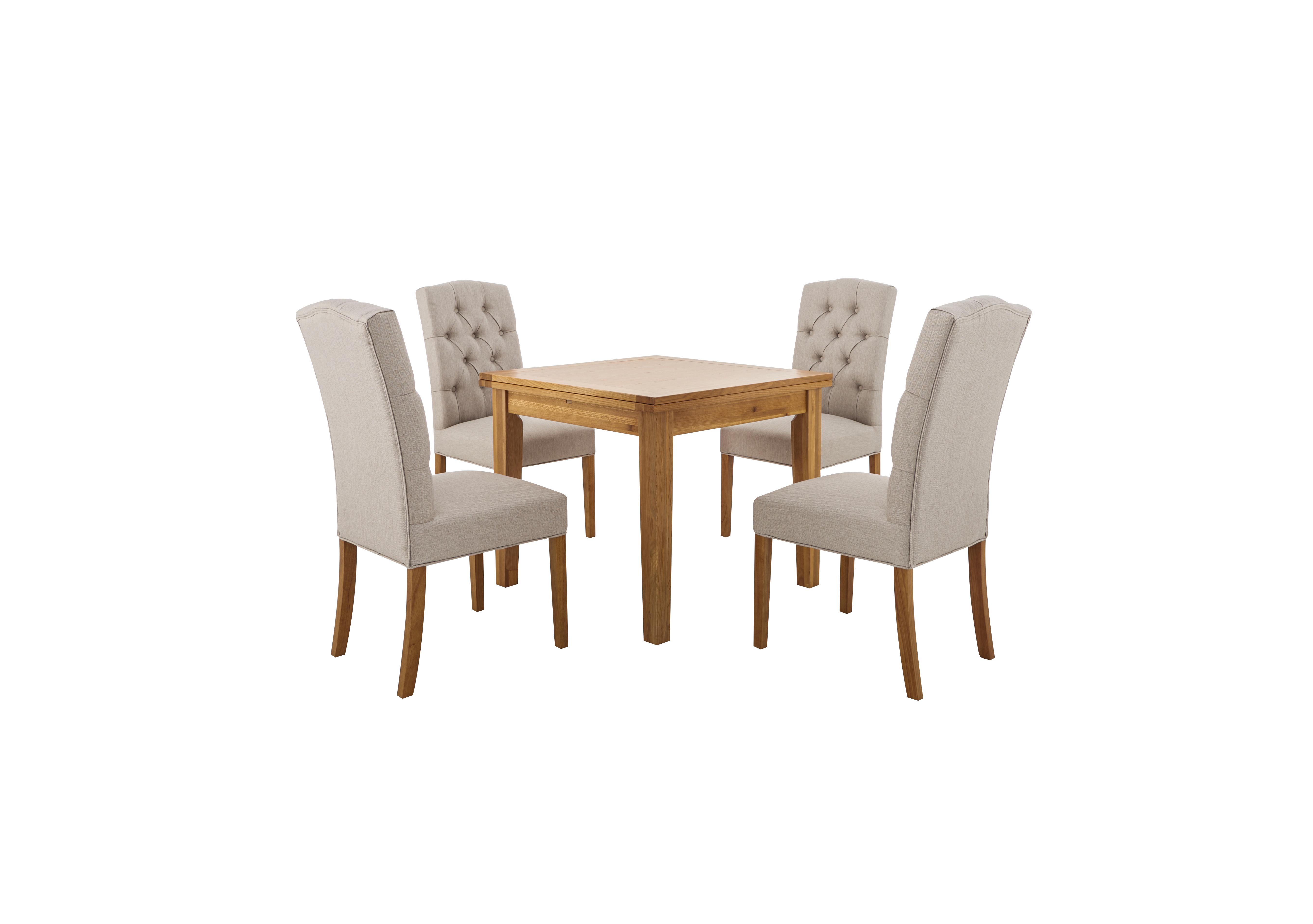 California Solid Oak Flip Top Extending Table and 4 Button Back Upholstered Chairs in  on Furniture Village