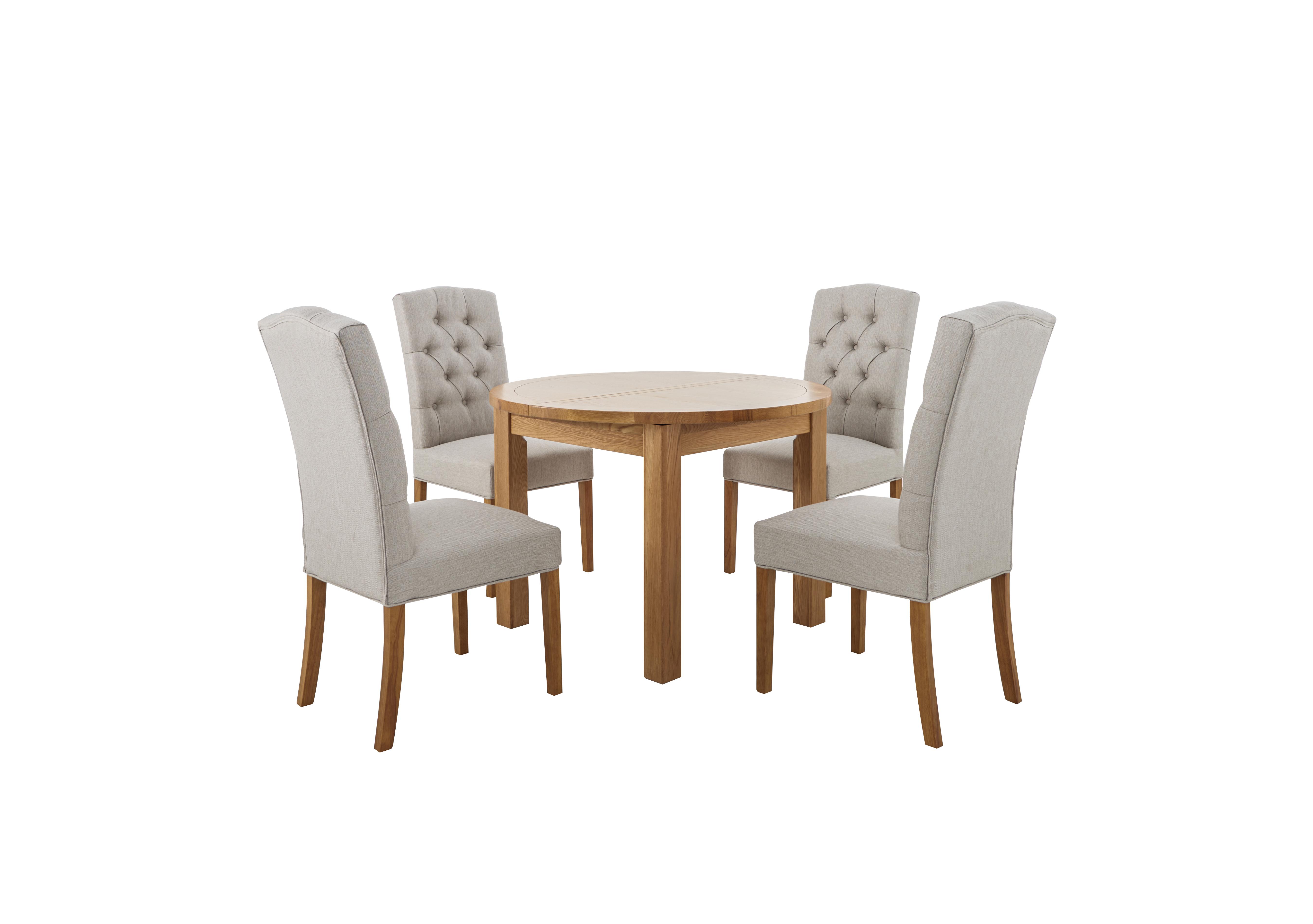 California Solid Oak Round Extending Table and 4 Button Back Upholstered Chairs in  on Furniture Village