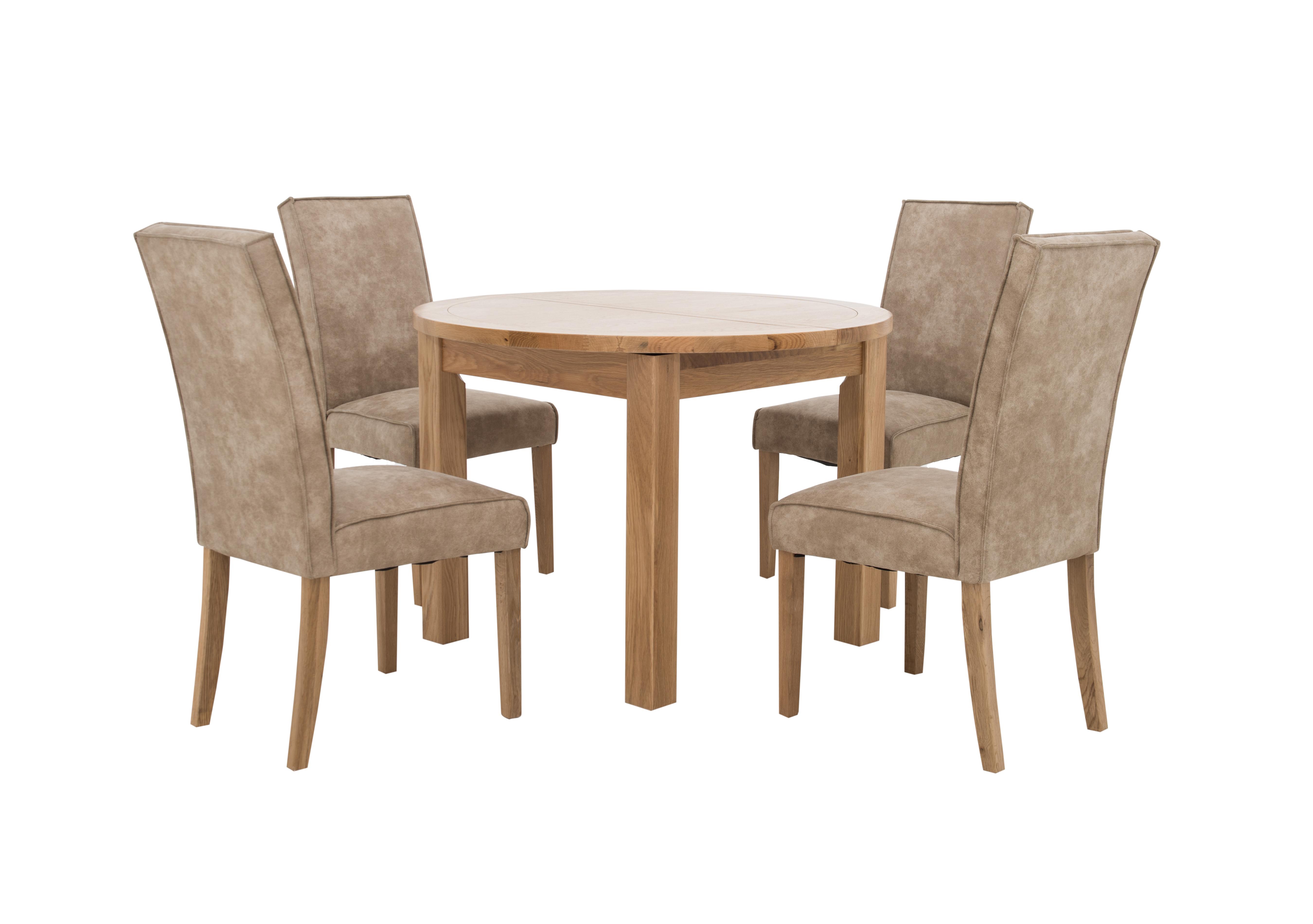 California Round Solid Oak Extending Dining Table and 4 Faux Suede Dining Chairs in  on Furniture Village