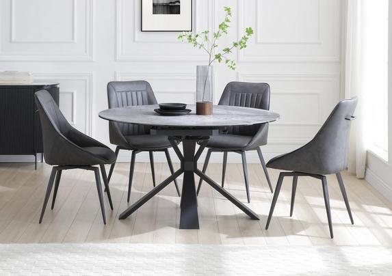 Crete Round Swivel Extending Dining Table and Faux Leather