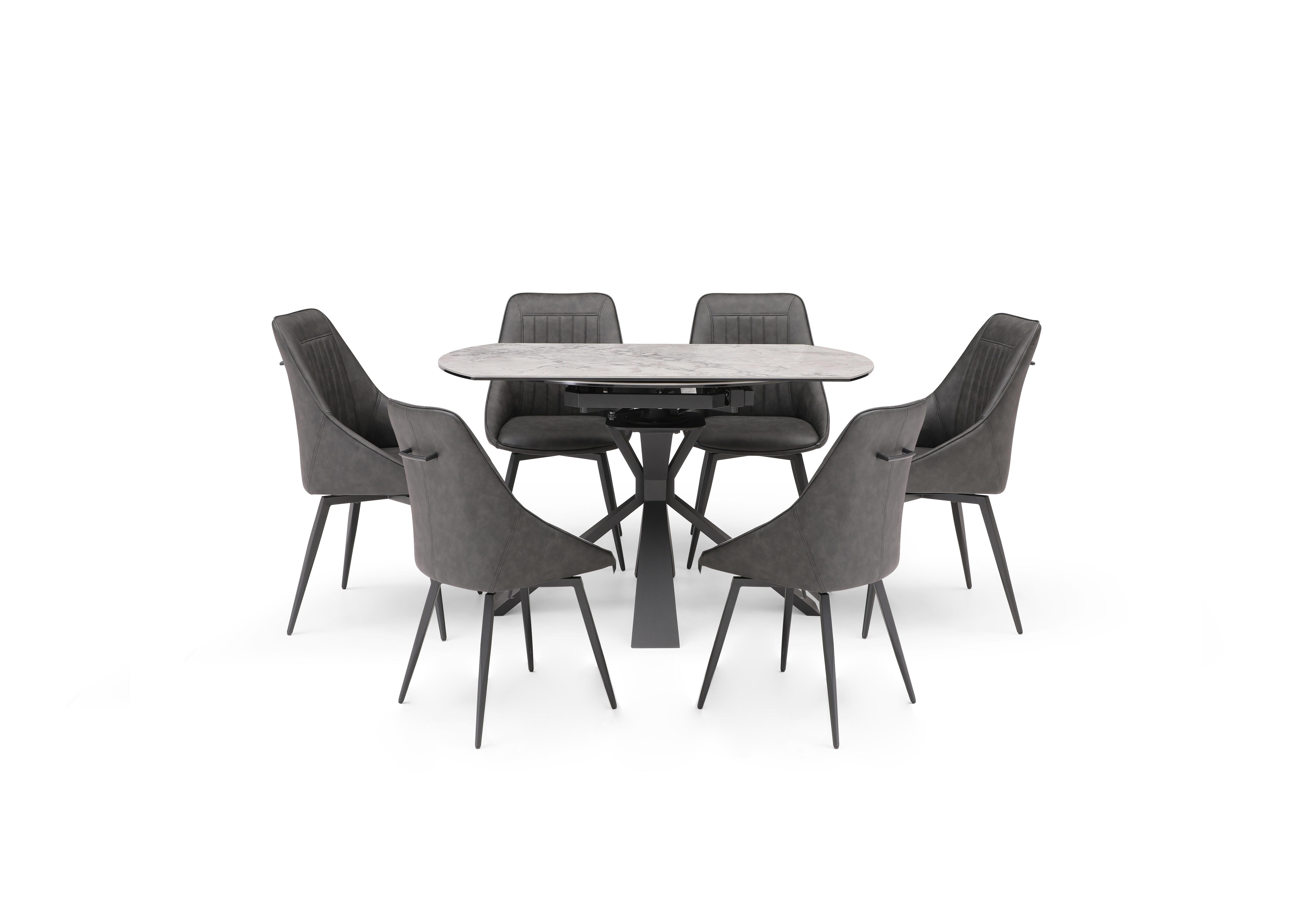 Crete Round Swivel Extending Dining Table and 6 Faux Leather Swivel Dining Chairs in  on Furniture Village