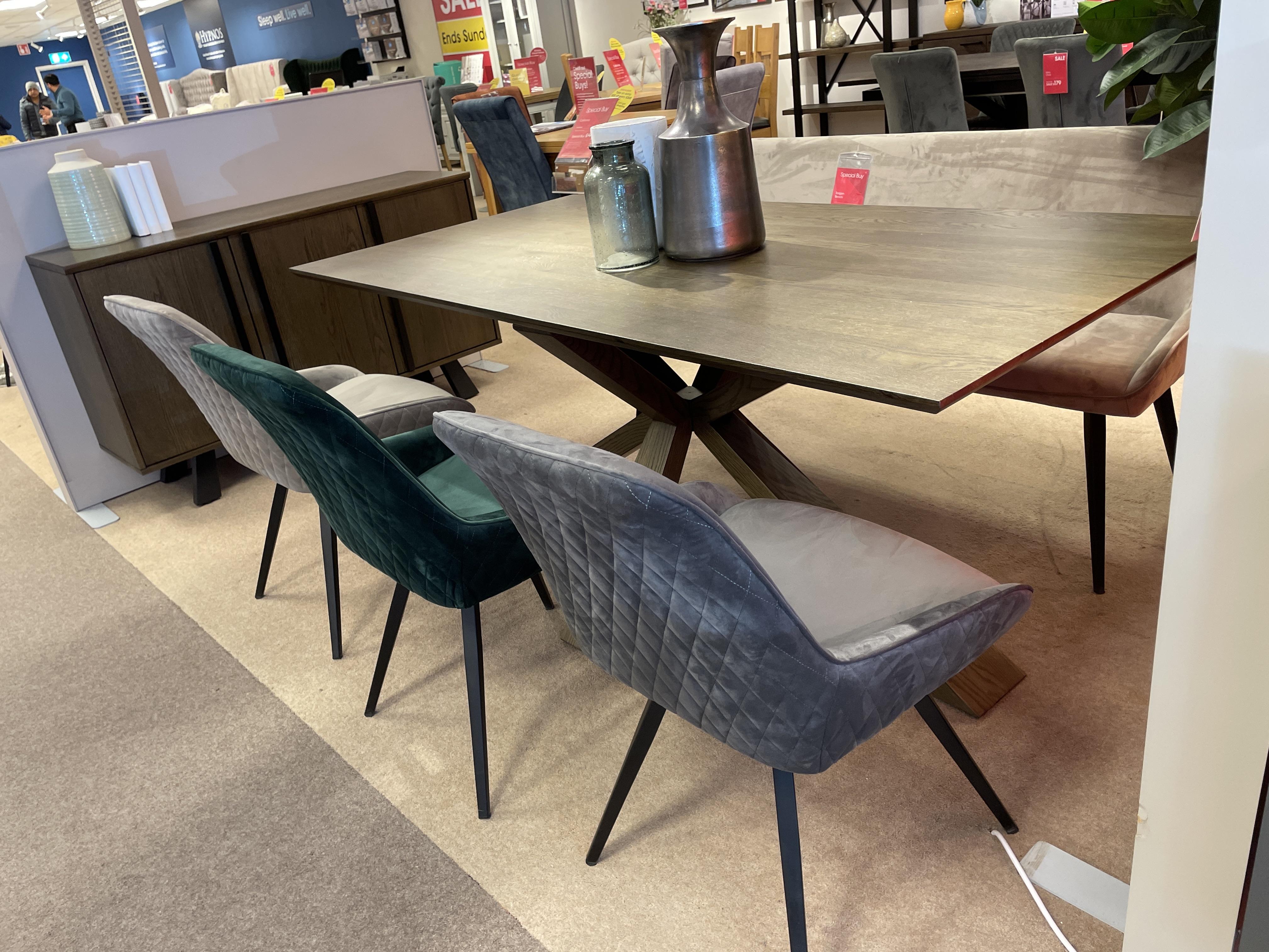 Saigon table, 3 velvet chairs with bench & sideboard in  on Furniture Village