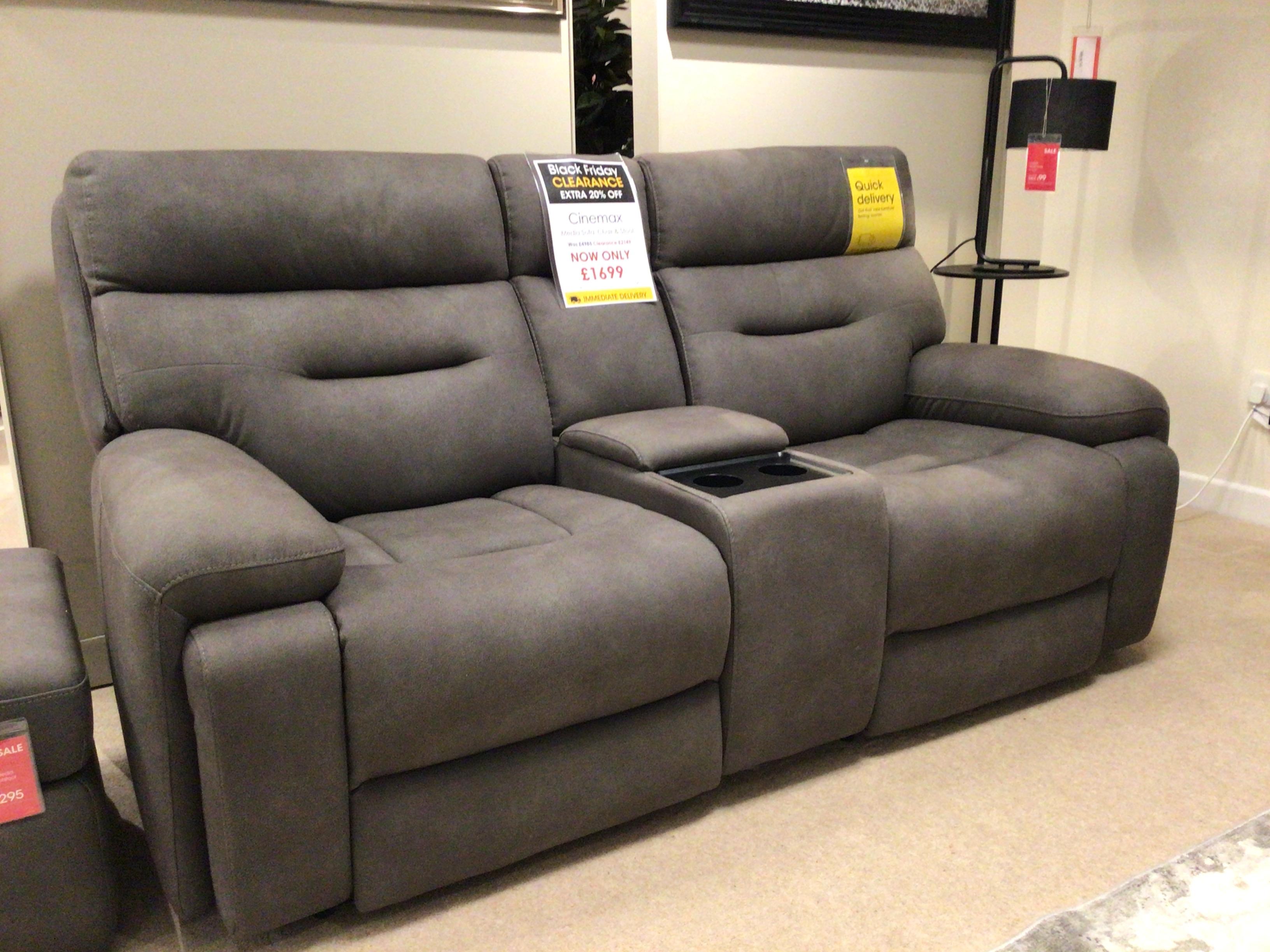 Cinemax 2 seater media sofa, matching media armchair and storage footstool in  on Furniture Village