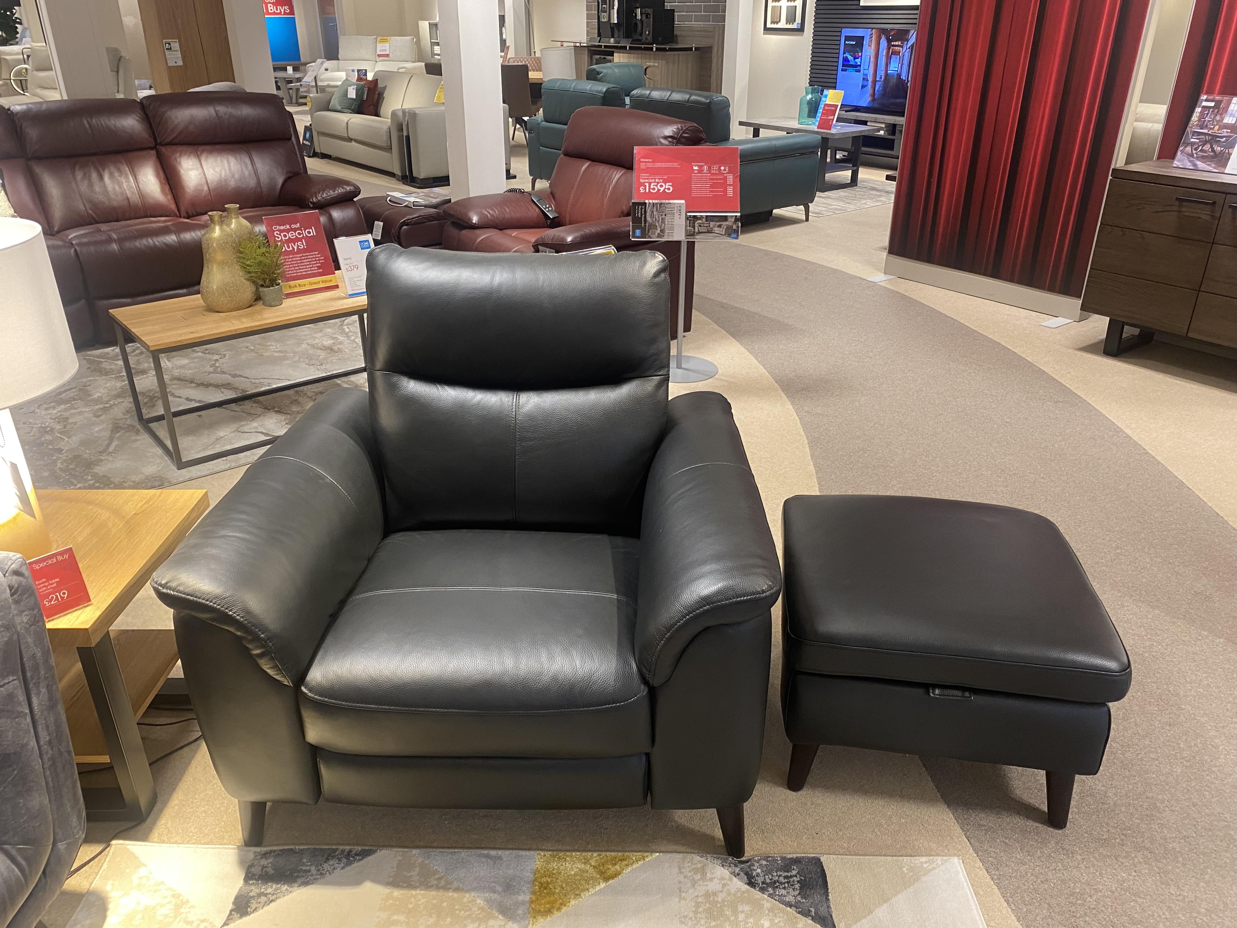 Morgan Power recliner chair and stool in  on Furniture Village