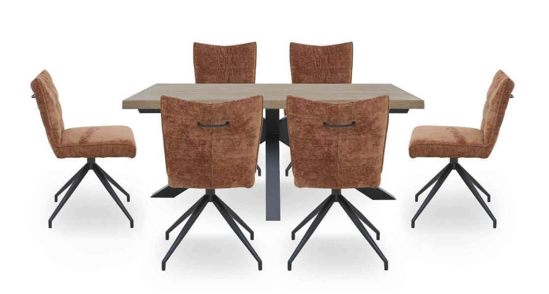 Saturn Large Live Edge Dining Table and 6 RUST Swivel Dining Chairs in  on Furniture Village