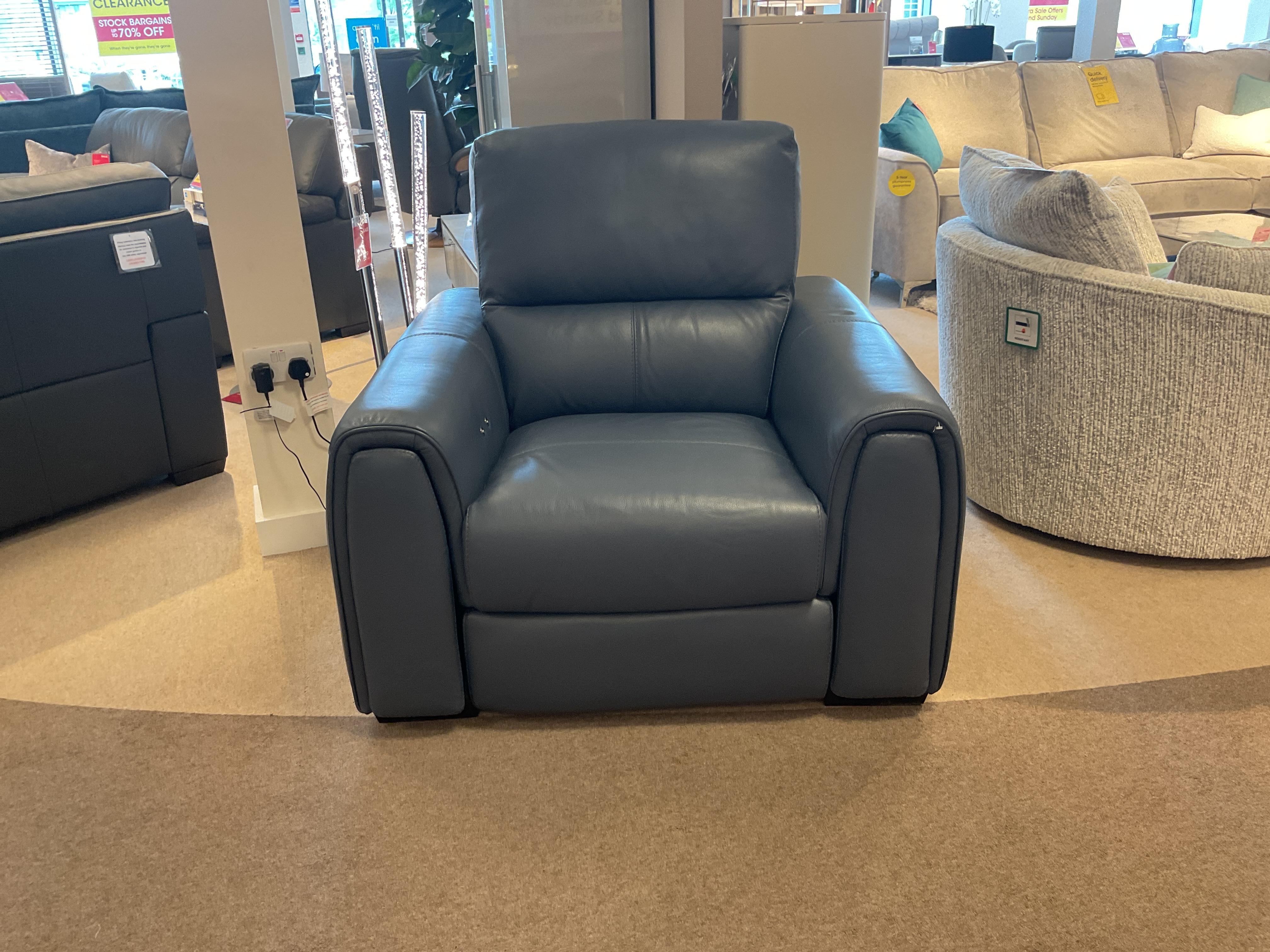 Flex power recliner chair in NC Ocean Blue colour leather in  on Furniture Village