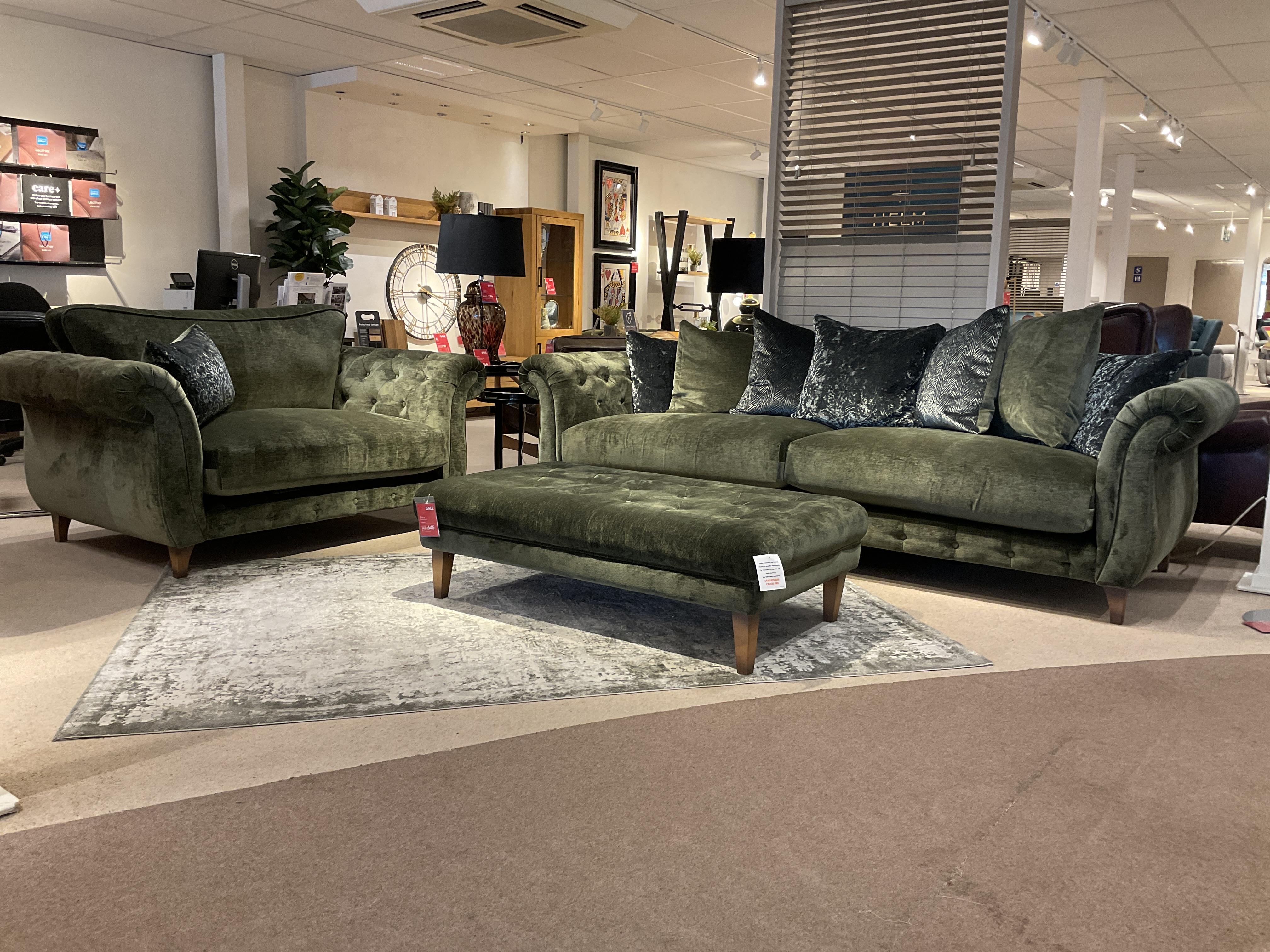 Boutique Palace Fabric Grande Scatter Back Sofa, Snuggler Chair & Footstool in  on Furniture Village