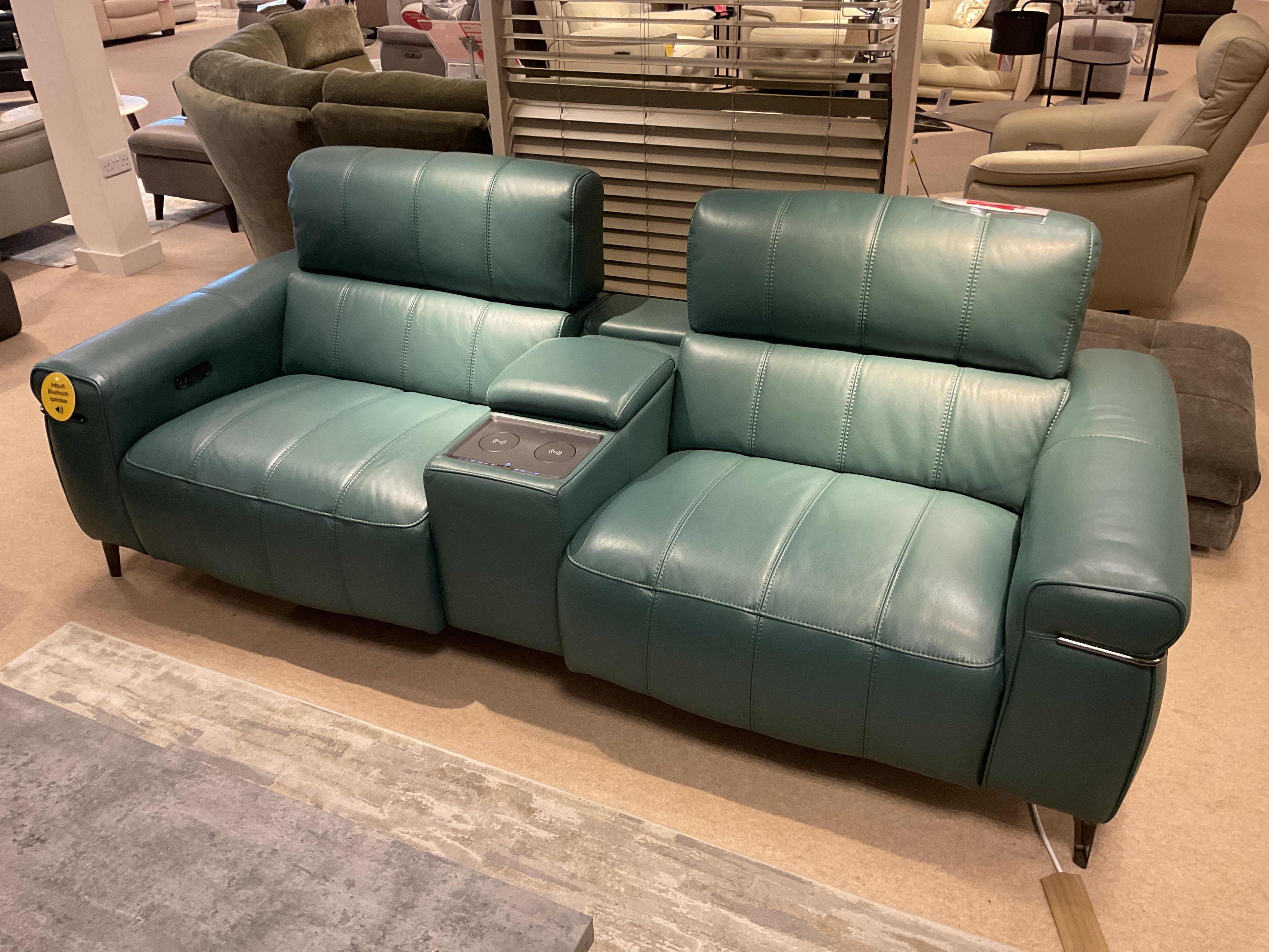 Homestage 3 str Media Sofa and 2 Media Chairs plus footstool in Leather - NC Lake Green colour in  on Furniture Village