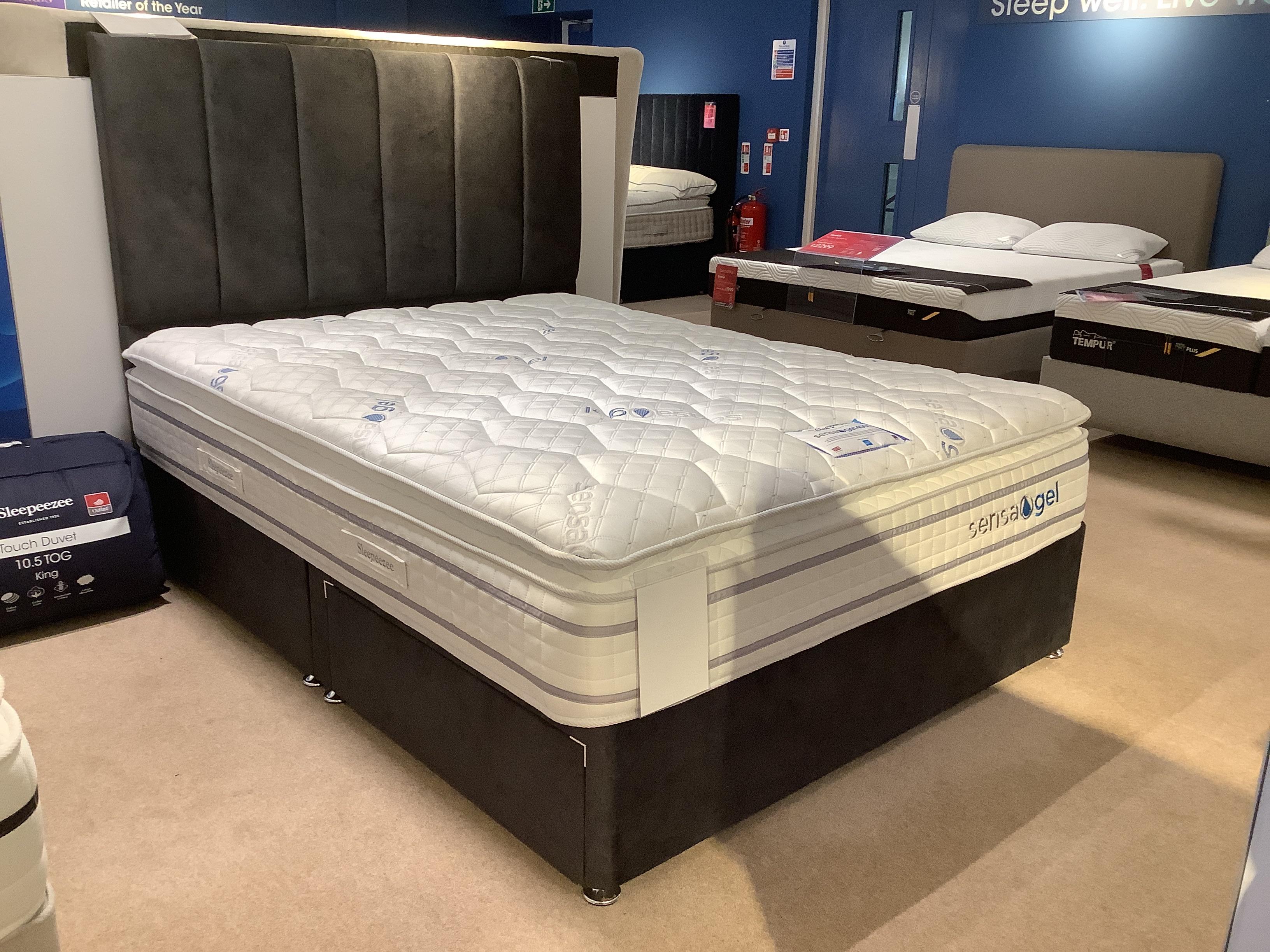 Sleepeezee Sensagel 4000 kingsize 2 drawer divan set with spire headboard in  on Furniture Village