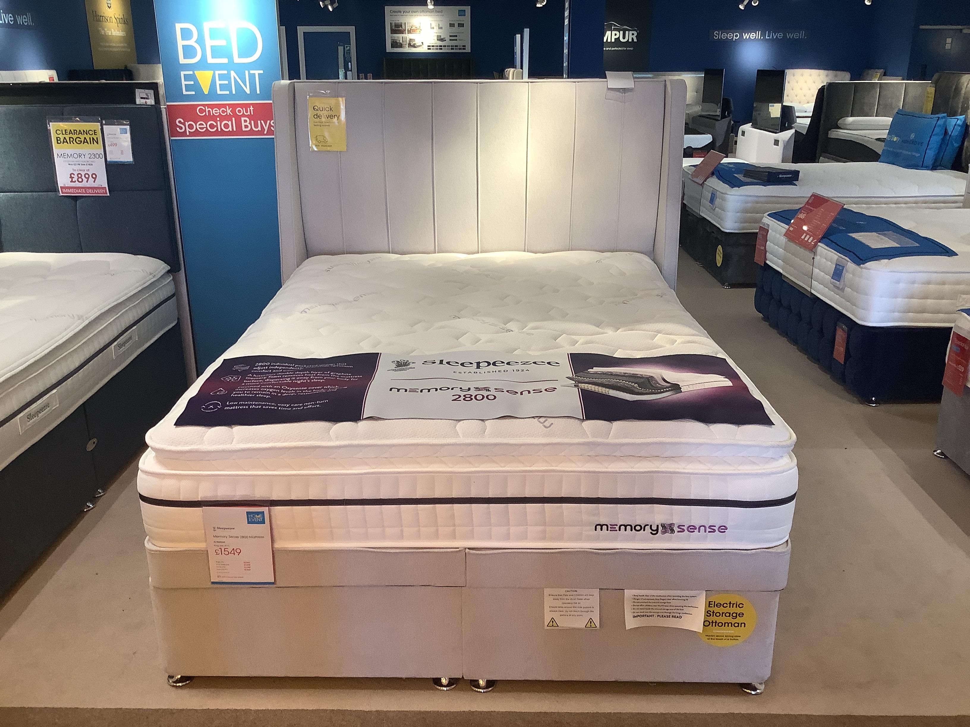 Sleepeezee memory sense 2800 king size electric Ottoman divan set with headboard in  on Furniture Village