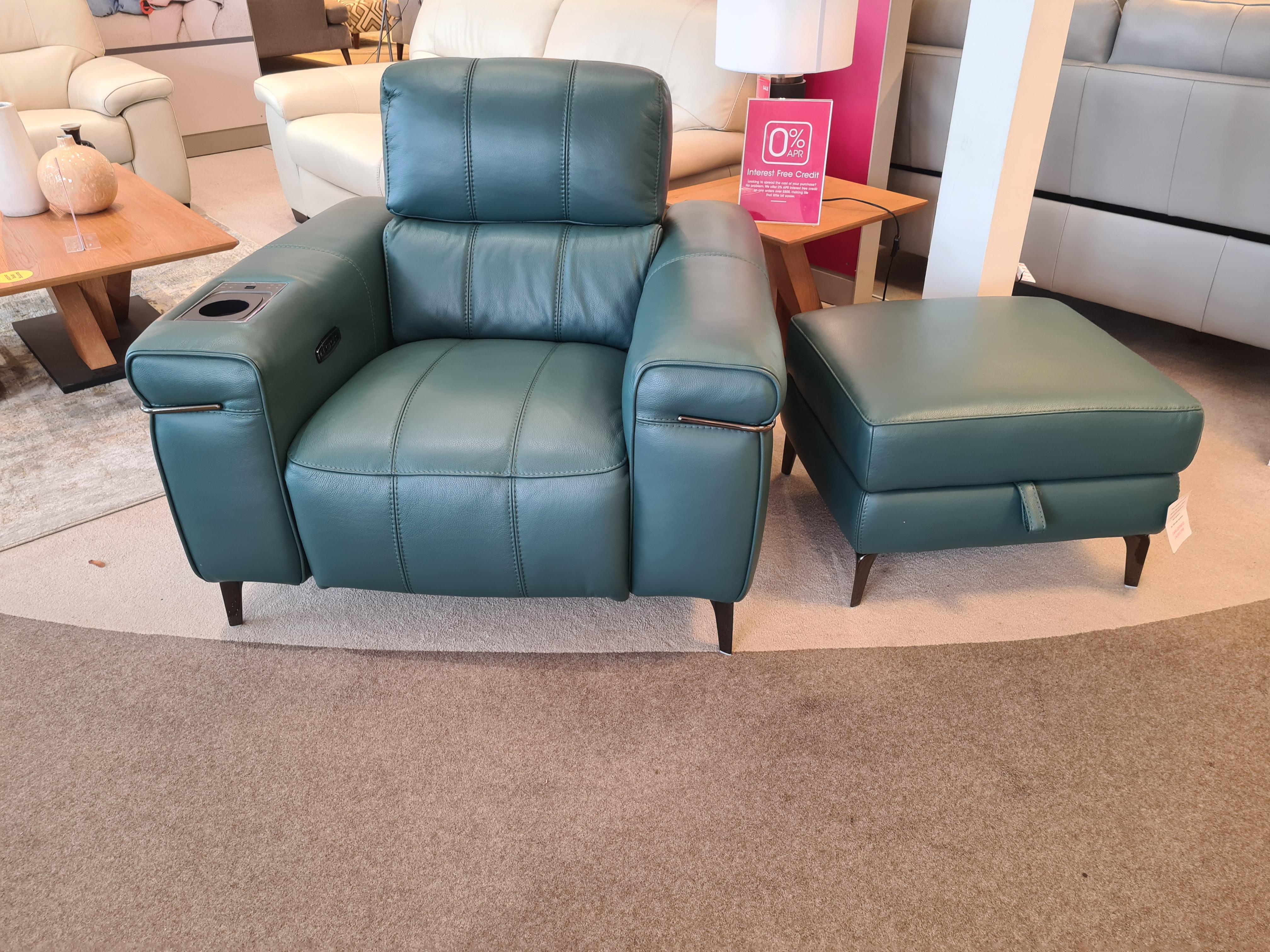 Homstage Media Leather Power Recliner Chair and Leather Storage Footstool in  on Furniture Village