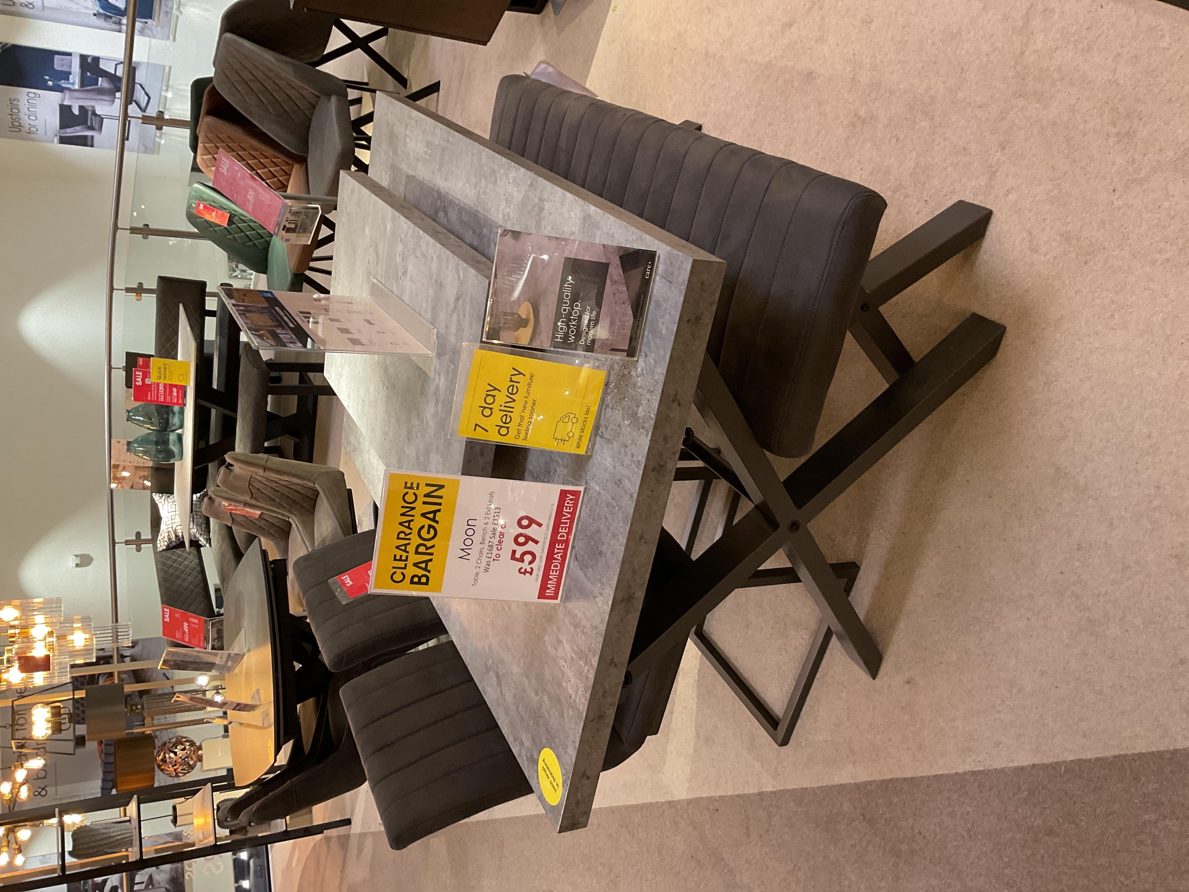 Moon Dining Table, Bench and 2 Chair and ext leaf in  on Furniture Village