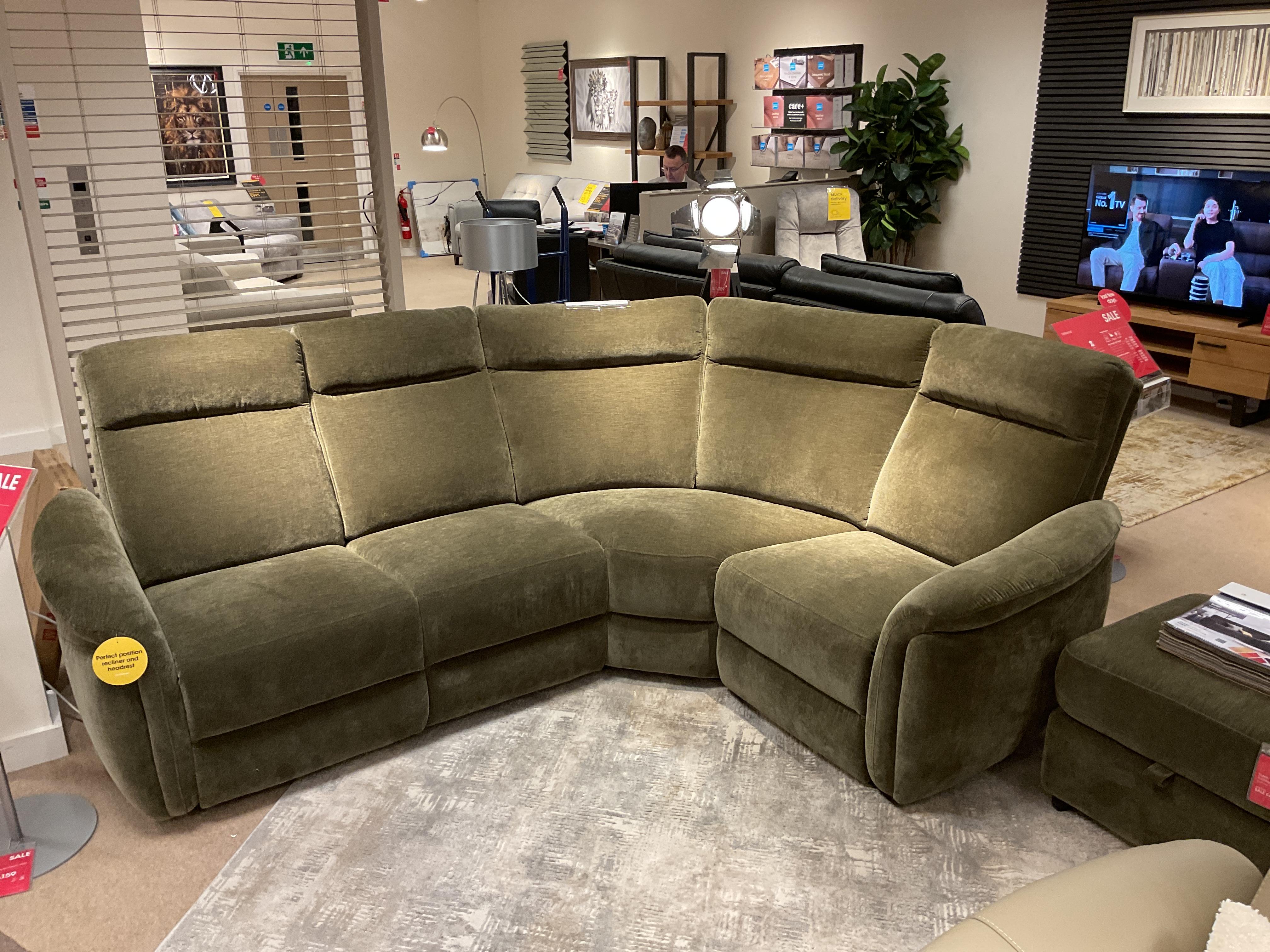 Dublin Power Recliner Corner Sofa and Storage Footstool in Bianca olive colour fabric in  on Furniture Village