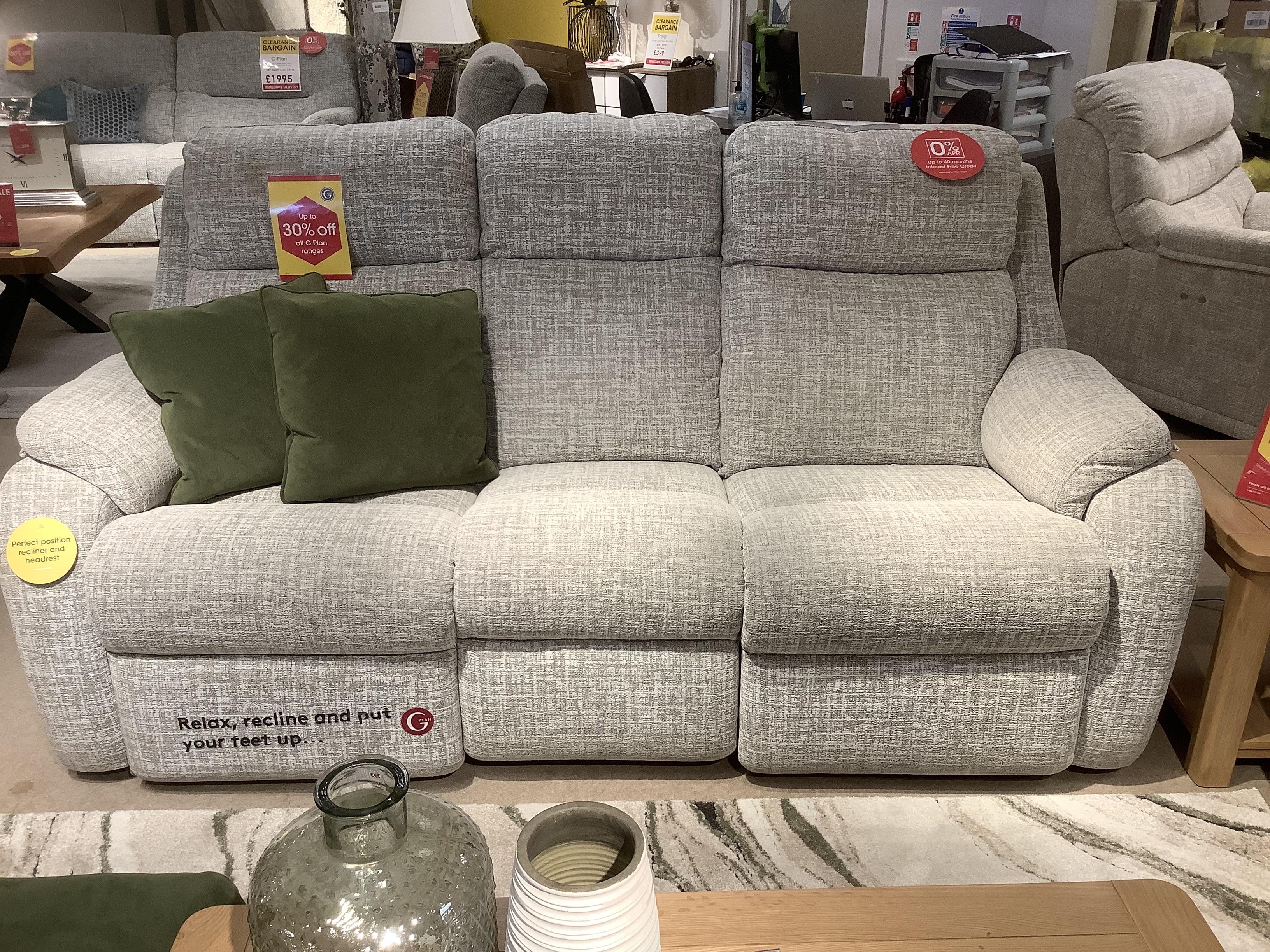 Kingsbury 3 seater with power recliner and stool and matching cushions in  on Furniture Village