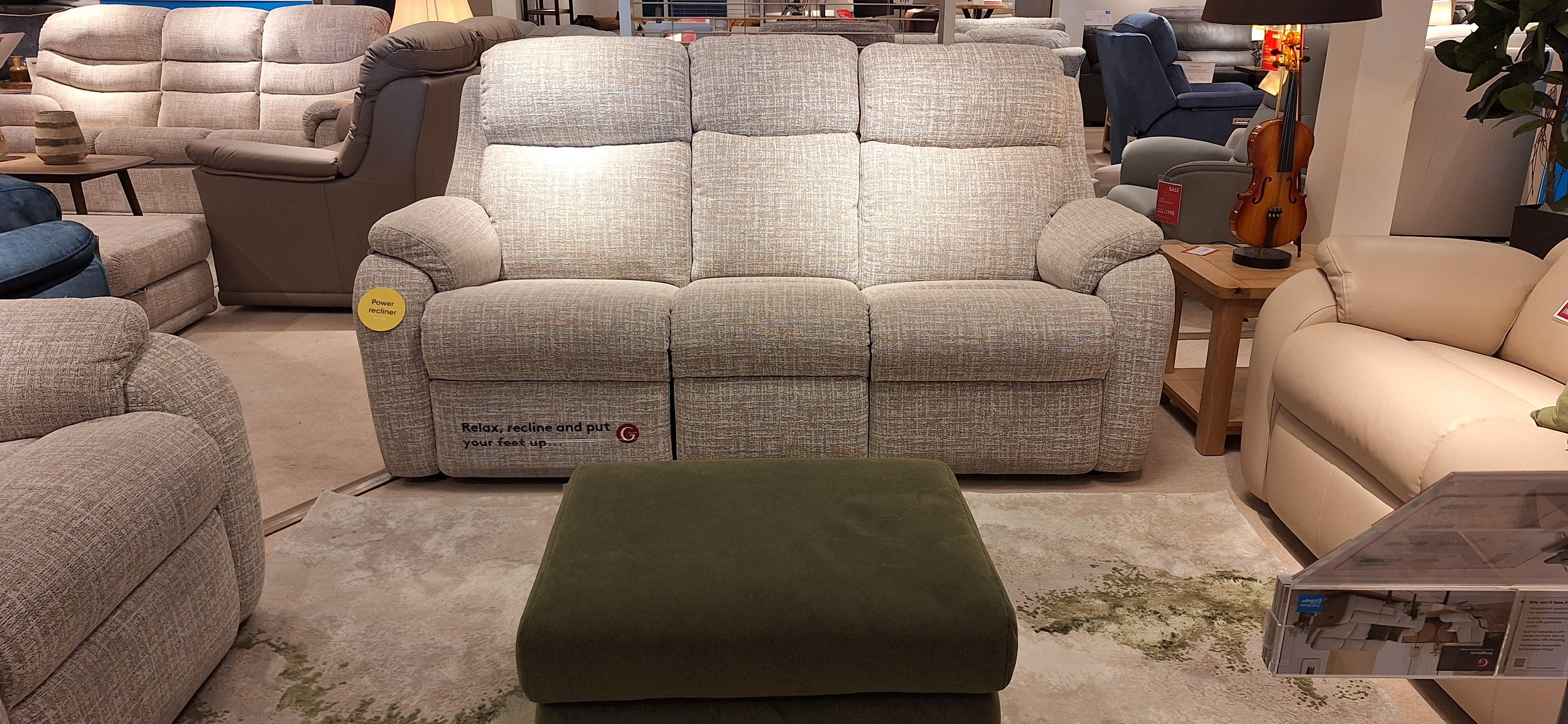 G plan Kingsbury 3 seater power sofa, power chair with lumbar & footstool in  on Furniture Village