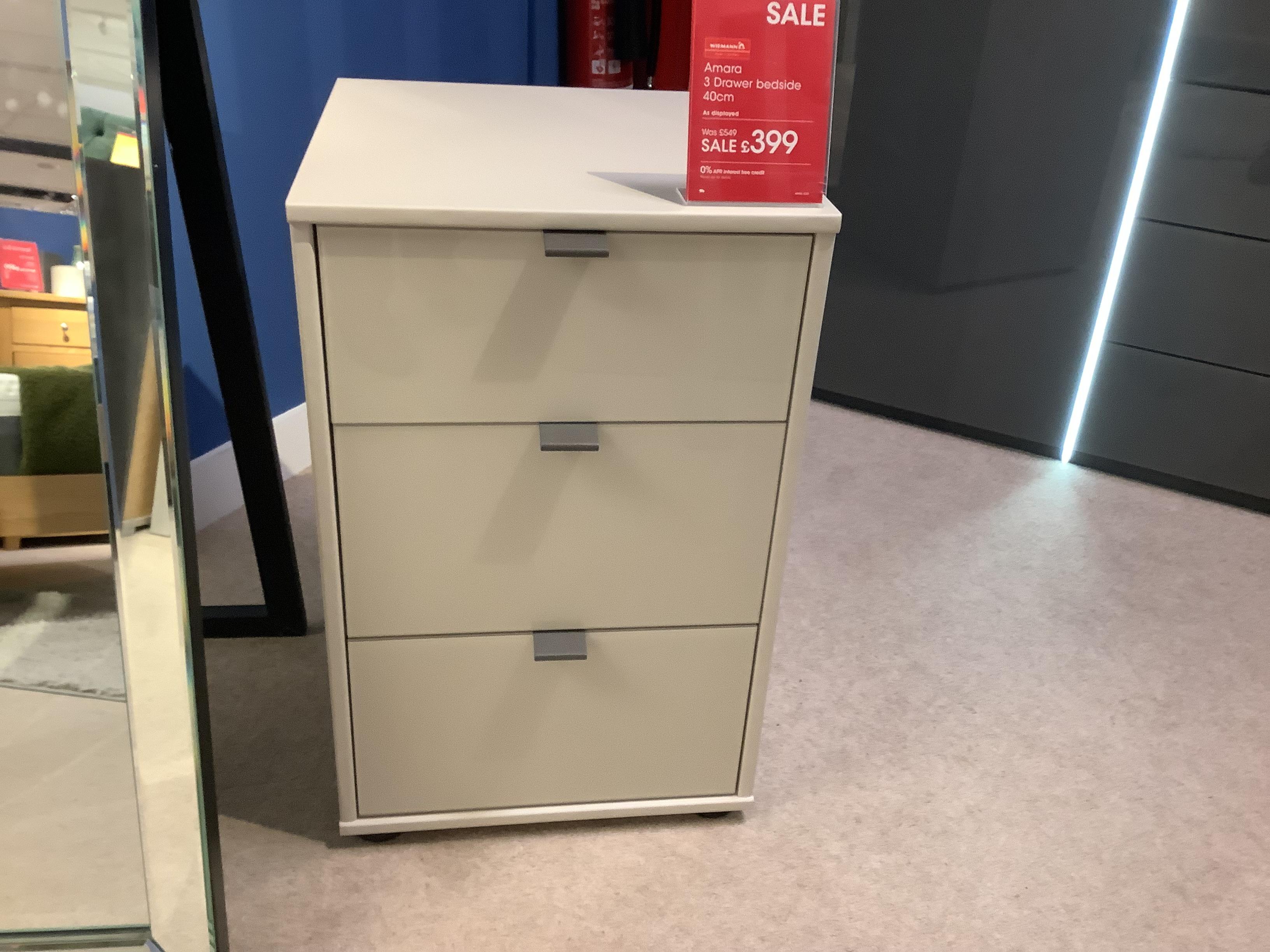 Amara 3 Draw Bedside Table Ex Showroom Display in  on Furniture Village