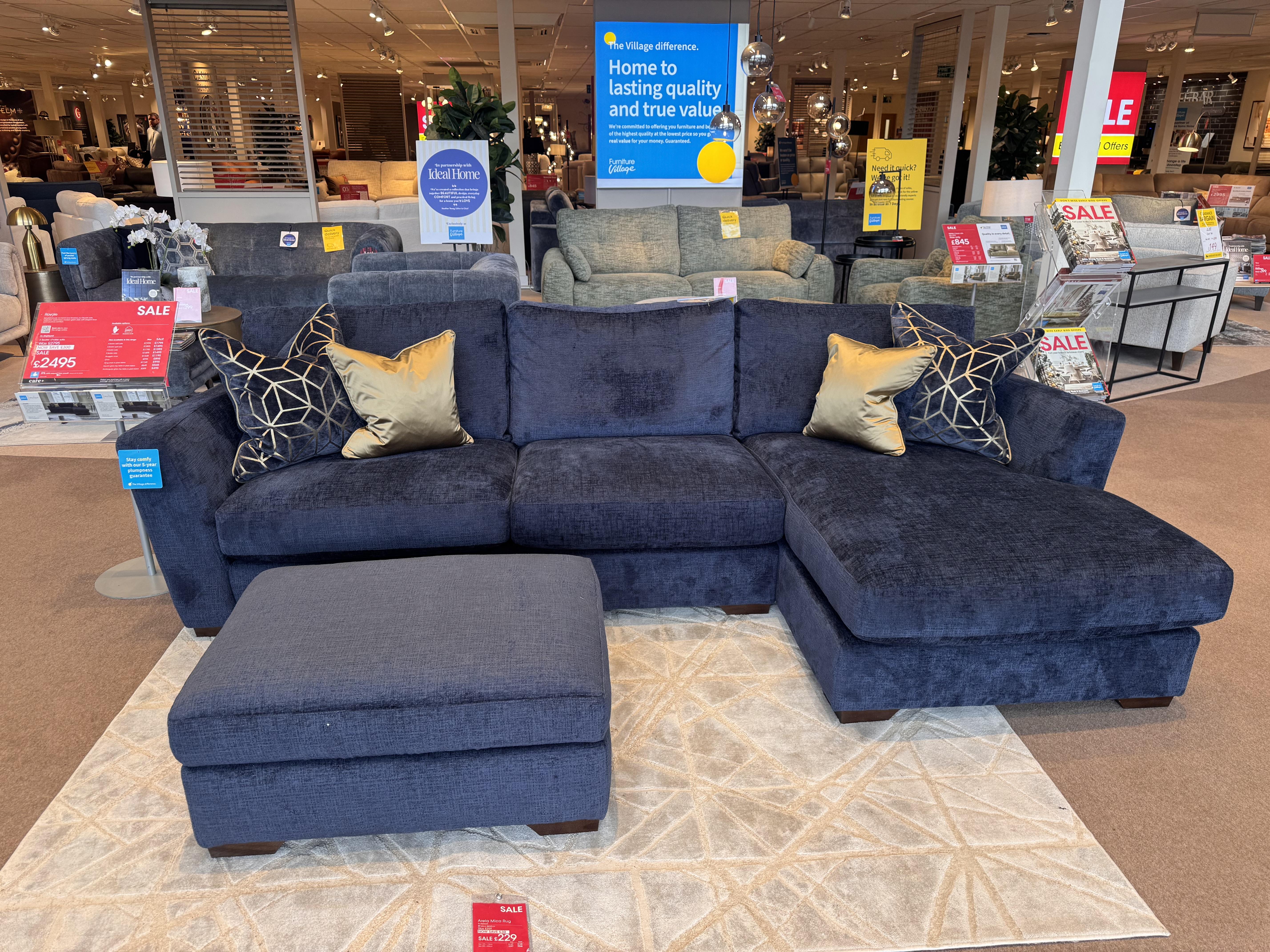 ROYALE Large Chaise Sofa, Snuggler Chair + Footstool in  on Furniture Village