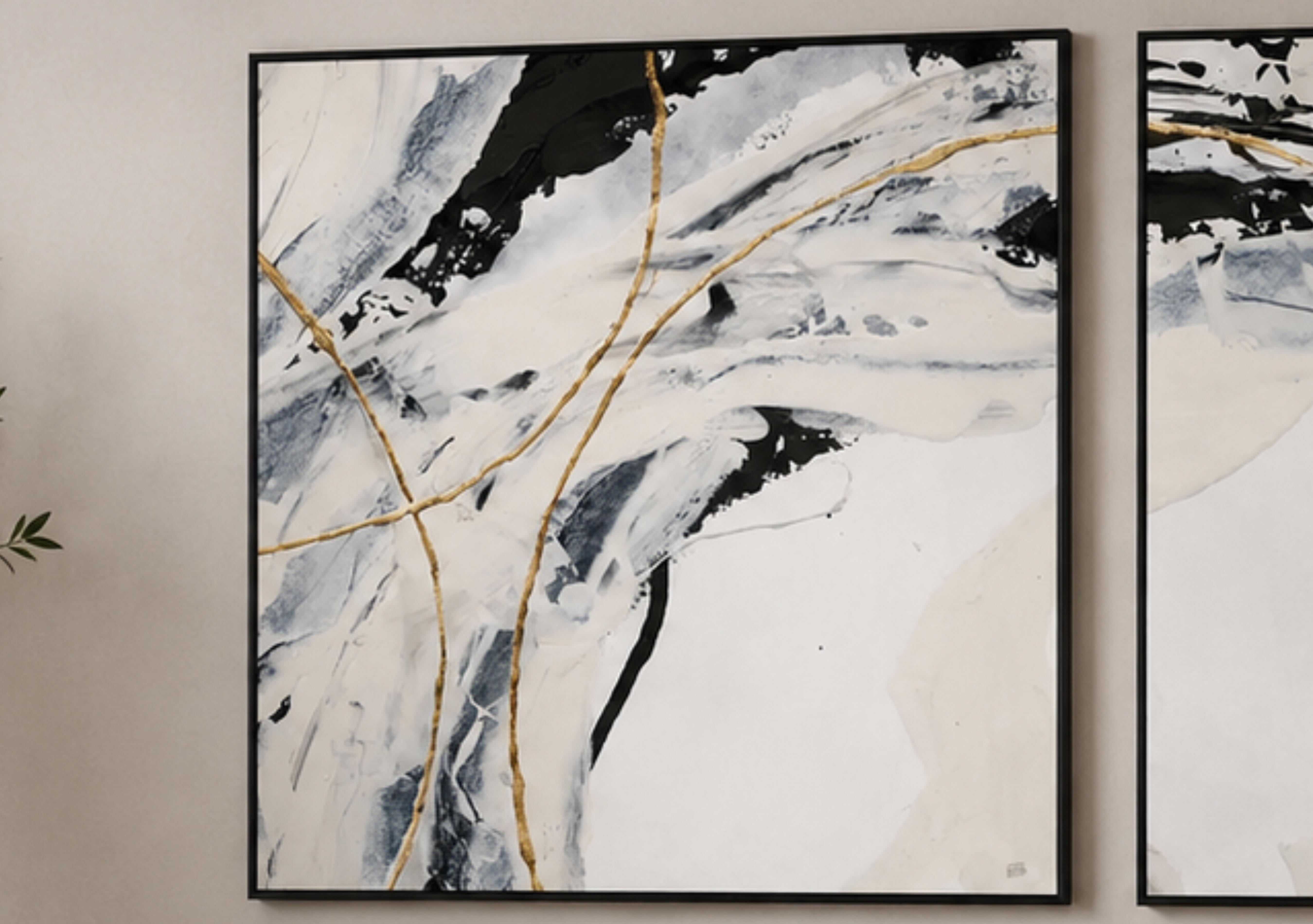 Gold and Cream 2 Square Framed Velvet Canvas in  on Furniture Village