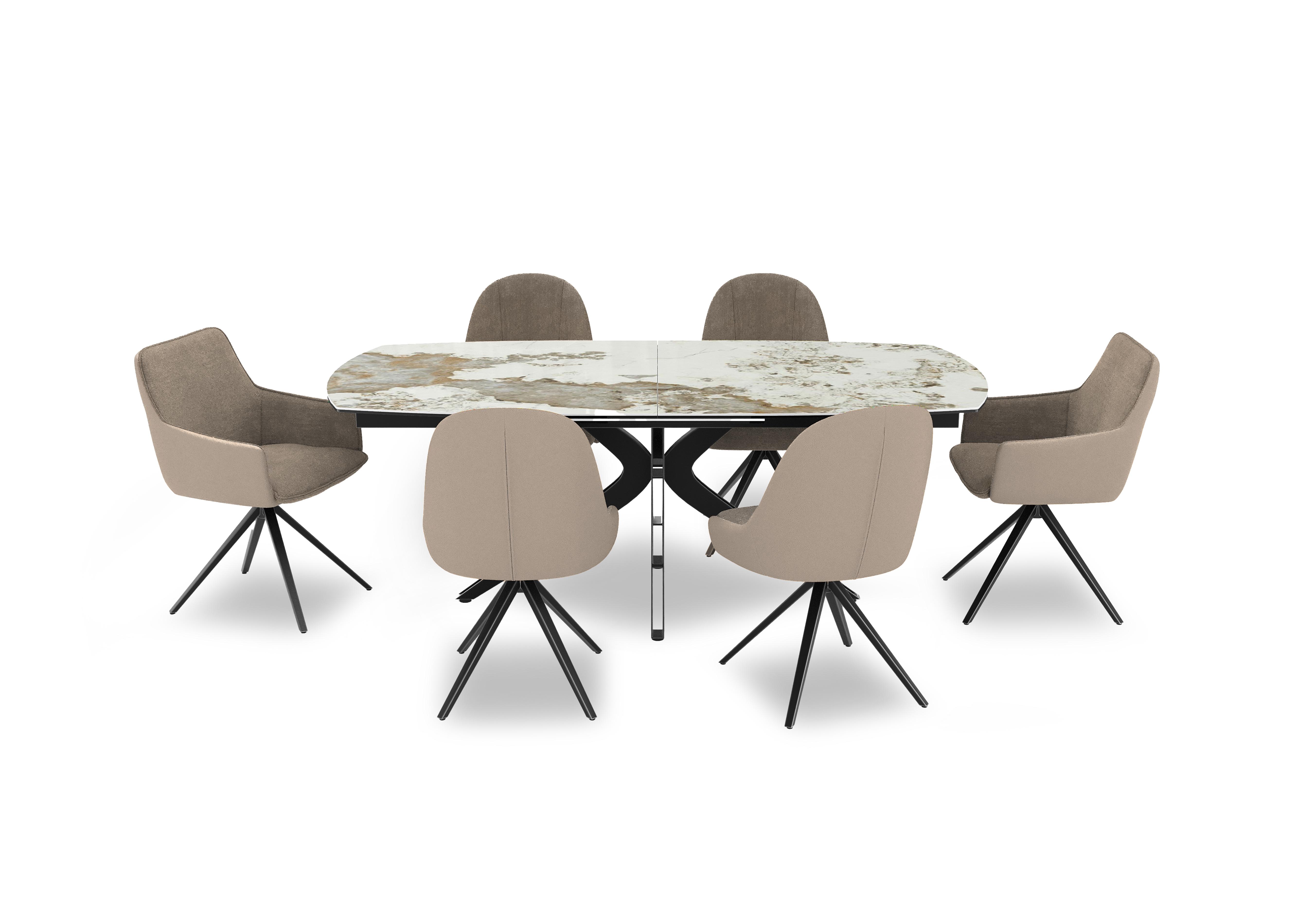 Jose Large Calcatta Marble Pop-up Extending Dining Table with 4 Pebble Swivel Dining Chairs and 2 Pebble Swivel Dining Arm Chairs in  on Furniture Village